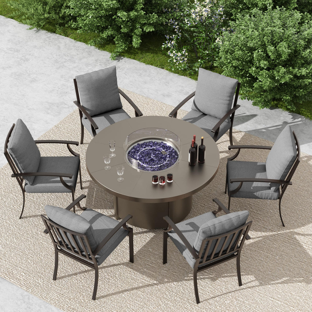 Trumbeak 7 Pcs Outdoor Patio Furniture Set with 48"/55000 BTU Outdoor Round Propane Fire Pit Table,Patio Conversation Sets 6 Fixed Chairs No-Slip Cushions and Waterproof Covers,Grey Trumbeak