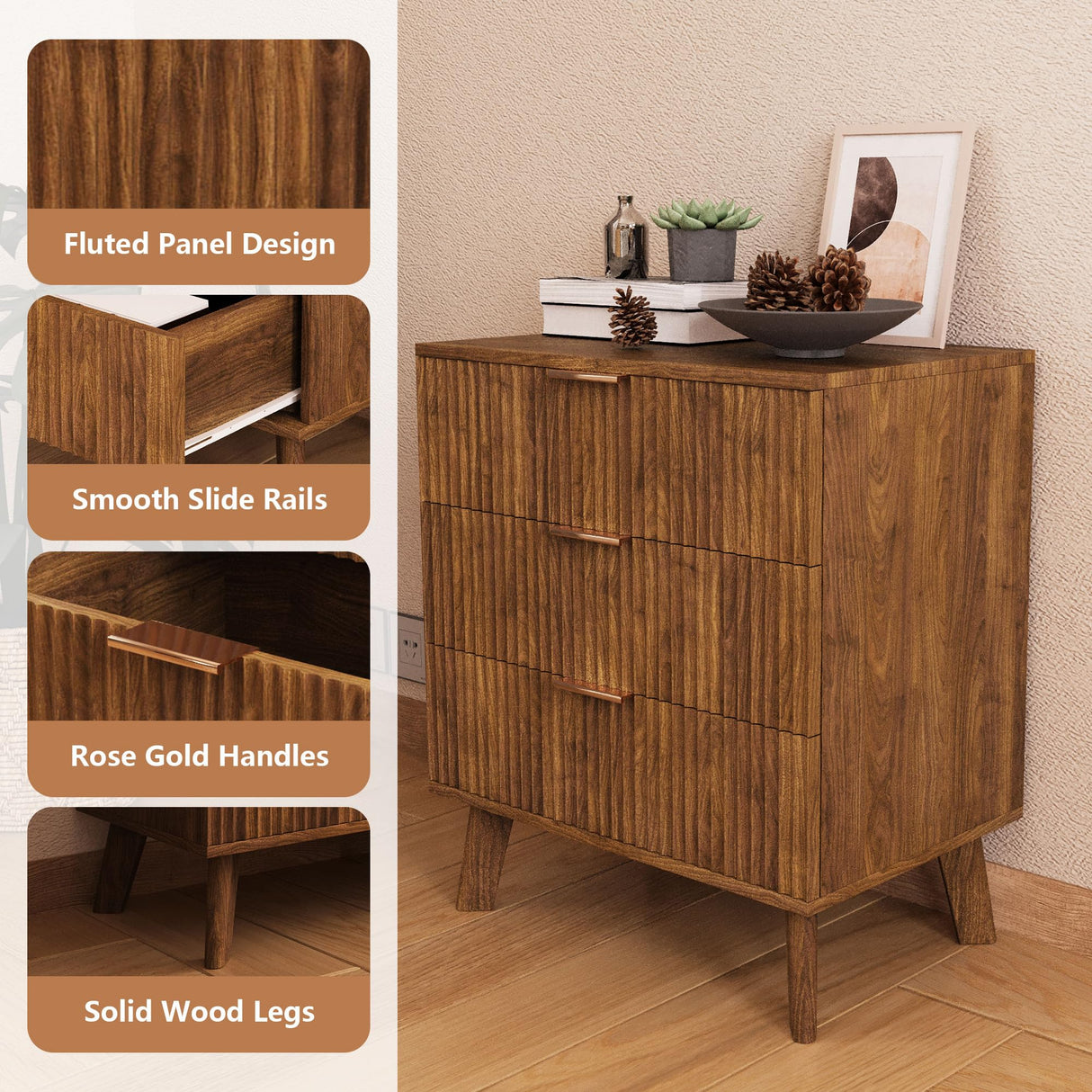 Mid-Century 3 Drawers Bedside Table Cabinet, Modern Nightstand with 3 Drawer and Solid Wood Legs, Contemporary 3-Drawer Nightstand, Mid Century Nightstand with 3 Storage Drawer for Bedroom (Walnut) affeivul