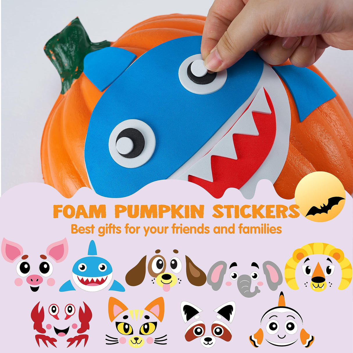 JOYIN 18 Packs Halloween Pumpkin Decorating Stickers Craft Kit, Halloween Party Supplies Arts Activities, Kids Party Favors, Jack O Lantern Foam Face Sticker in 9 Animal Designs, Classroom Games JOYIN