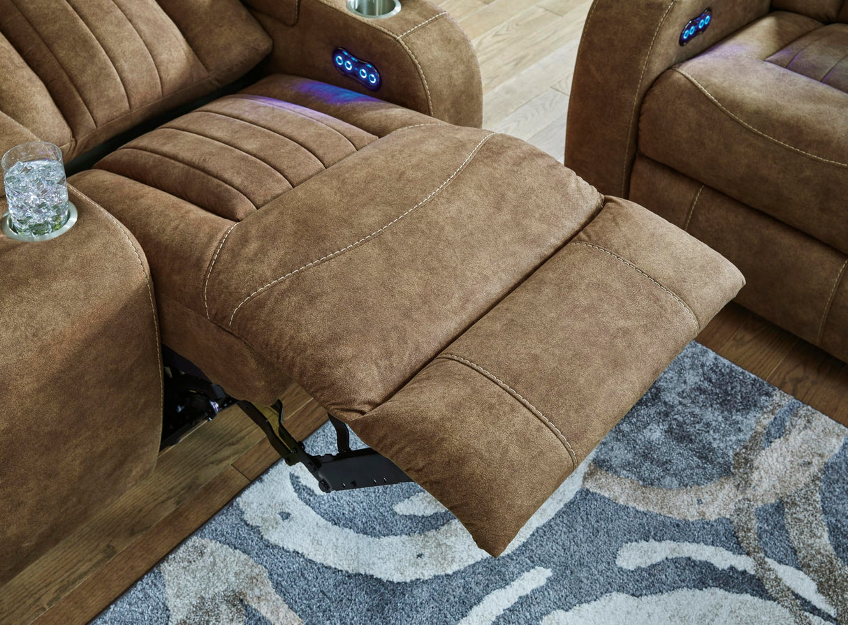 Signature Design by Ashley Wolfridge Contemporary Faux Leather Power Reclining Sofa with Drop Down Table, LED Lights, Electrical Outlet, Wireless Charging, USB Ports and Cup Holders, Light Brown Signature Design by Ashley