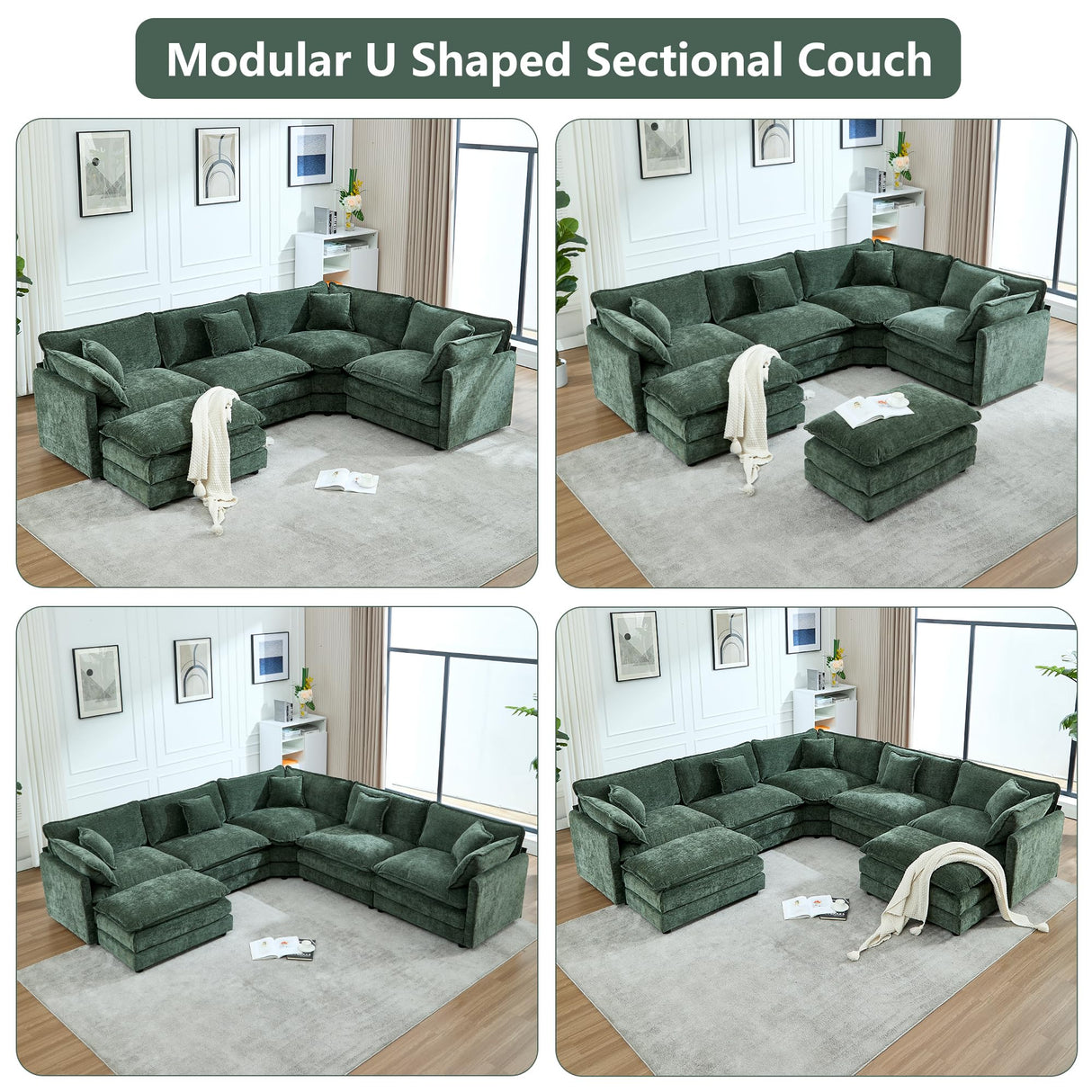 GNIXUU Oversized Modular sectional Sofa, Chenille Large Cloud Sectional Couches for Living Room, Convertible 5 Seater L Shaped Couch with Ottoman for Living Room, Green GNIXUU