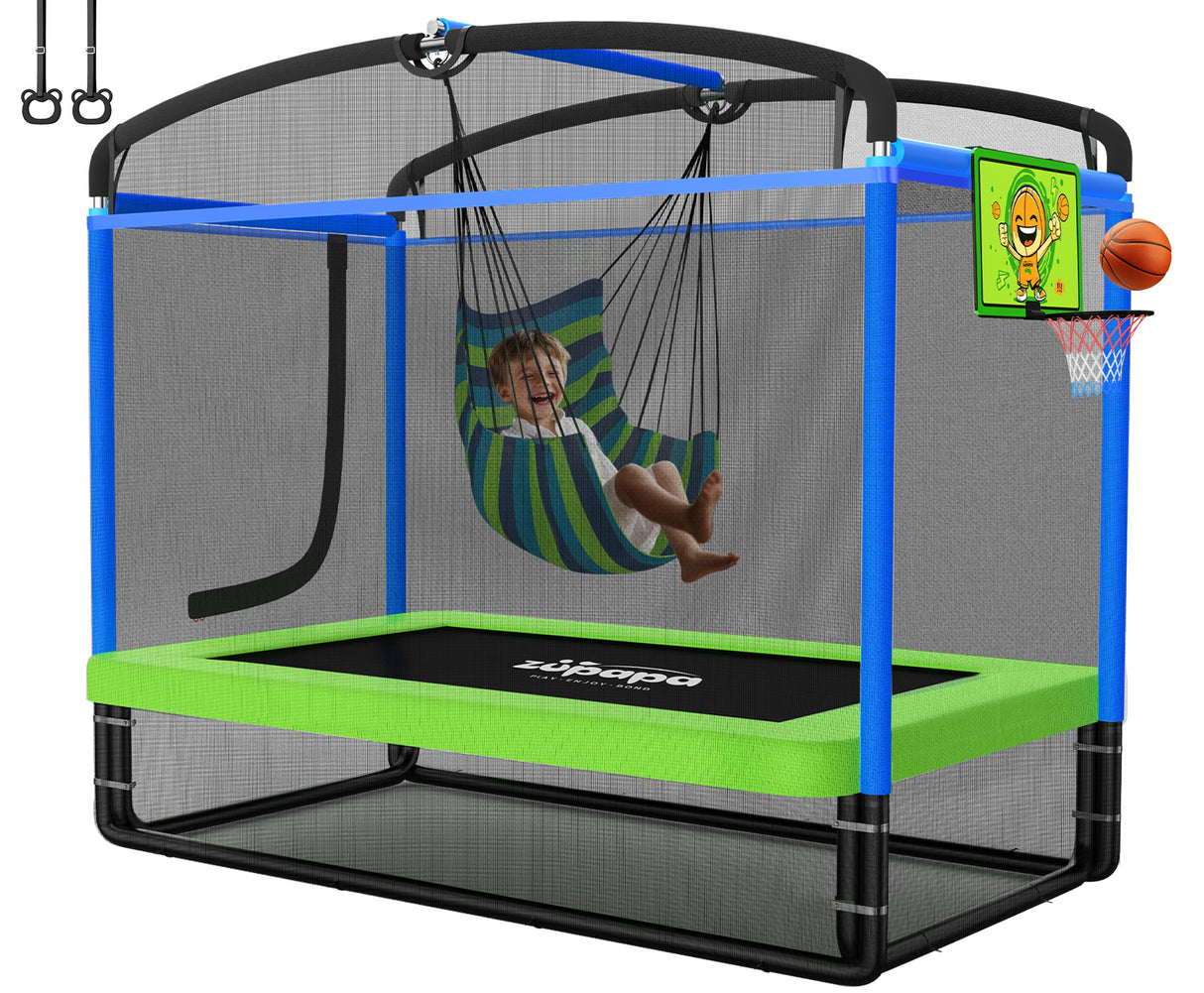 Zupapa 5 in 1 Rectangle Kids Trampoline 6FT with Hammock Chair, Basketball Hoop, and Safety Net - Indoor/Outdoor Heavy-Duty Square Trampoline for Toddlers Ages 3-6, 220LBS Capacity Zupapa