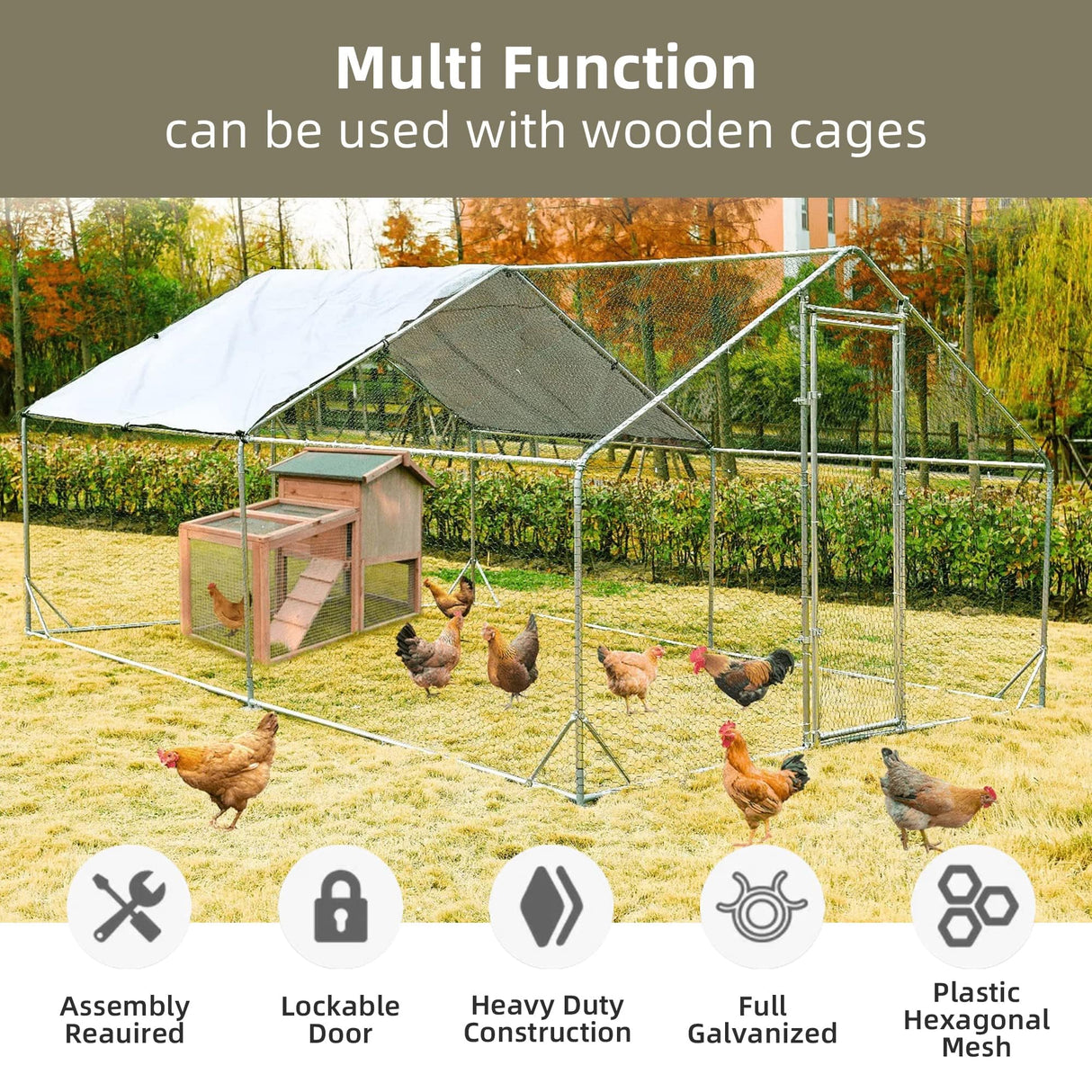 Outdoor Metal Chicken Coop Large Walk-in Poultry Cage Spire-Shaped Chicken Run with Waterproof and Anti-Ultraviolet Cover for Outside,Backyard and Farm,13' L x 9.8' W x 6.4' H HOOYEAH