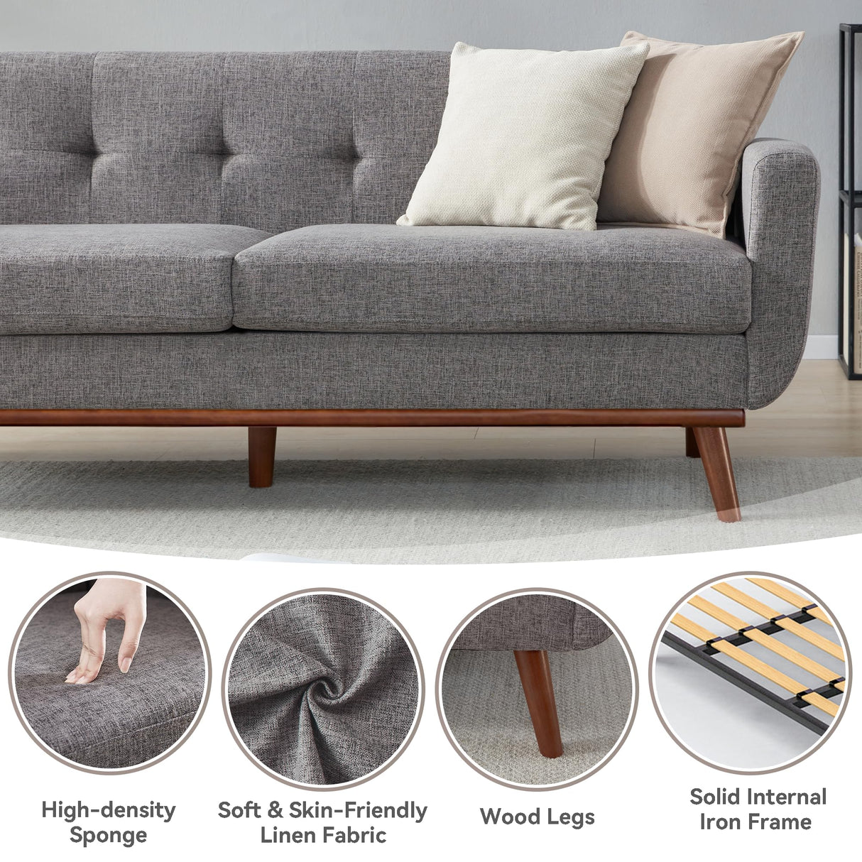 Kingfun 77.2" W Loveseat Sofa, Mid Century Modern Decor Love Seat Couches for Living Room, Button Tufted Upholstered Furniture, Solid & Easy to Install Small Couch for Bedroom Office Apartment, Gray Kingfun