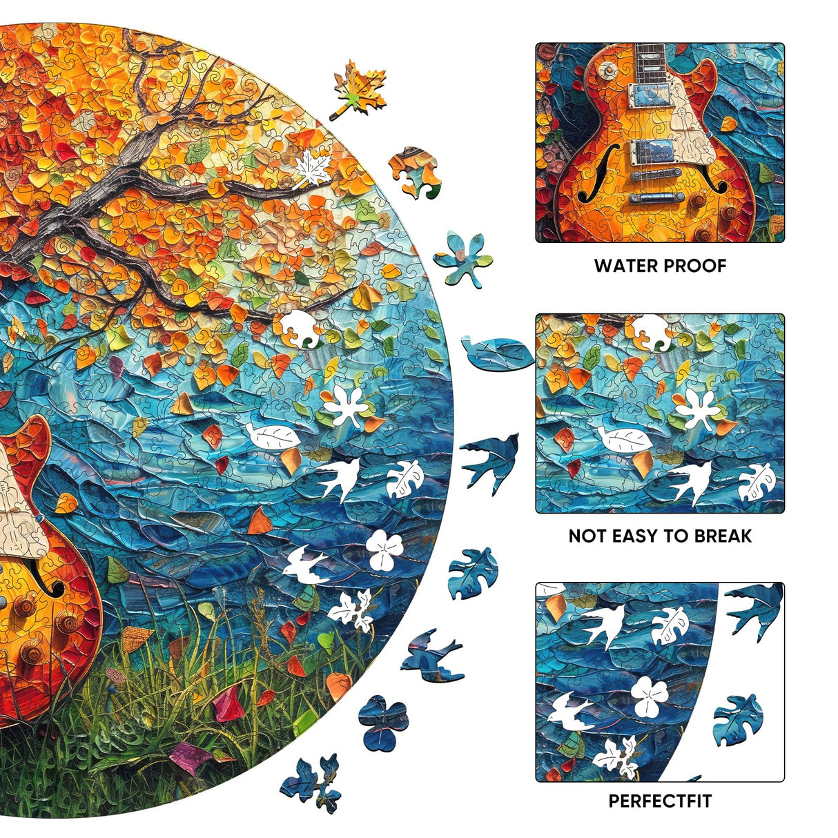 Wooden Puzzle for Adults, Autumn Jigsaw Puzzle, Guitar Wooden Jigsaw Puzzles, Thanksgiving Garden Puzzle, Beautiful Wooden Puzzle with Box Birthday Gifts for Adults and Kids(11.2 * 11.2in-200pcs) Reouinty