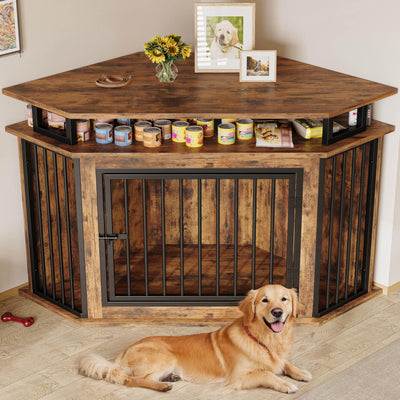 IRONCK 51" Corner Wooden Dog Crate Furniture with 2-Tier Shelves, Pet Kennel for Large Dogs, Space-Saving Dog Cage for TV Stand, Rustic Brown (26.7" L x 51.2" W x 33.5" H)