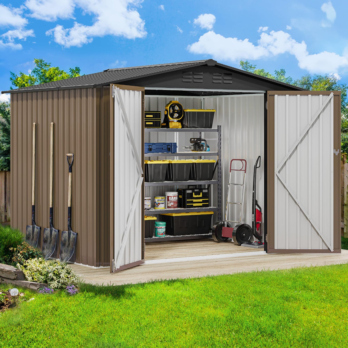 DWVO 8'x6' Large Metal Outdoor Storage Shed, Heavy Duty Tool Storage Sheds for Backyard Patio Lawn - Ideal for Bicycles, Garden Tools, and Lawn Equipment, Easy-to-Assemble, Brown DWVO