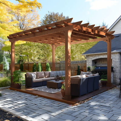 BlueWish 12’ x 14’ Cedar Wood Patio Pergola with Slatted Trellis Roof, Outdoor Pergola Backyard Gazebo with Solid Structure for Deck Yard Grill Party Garden