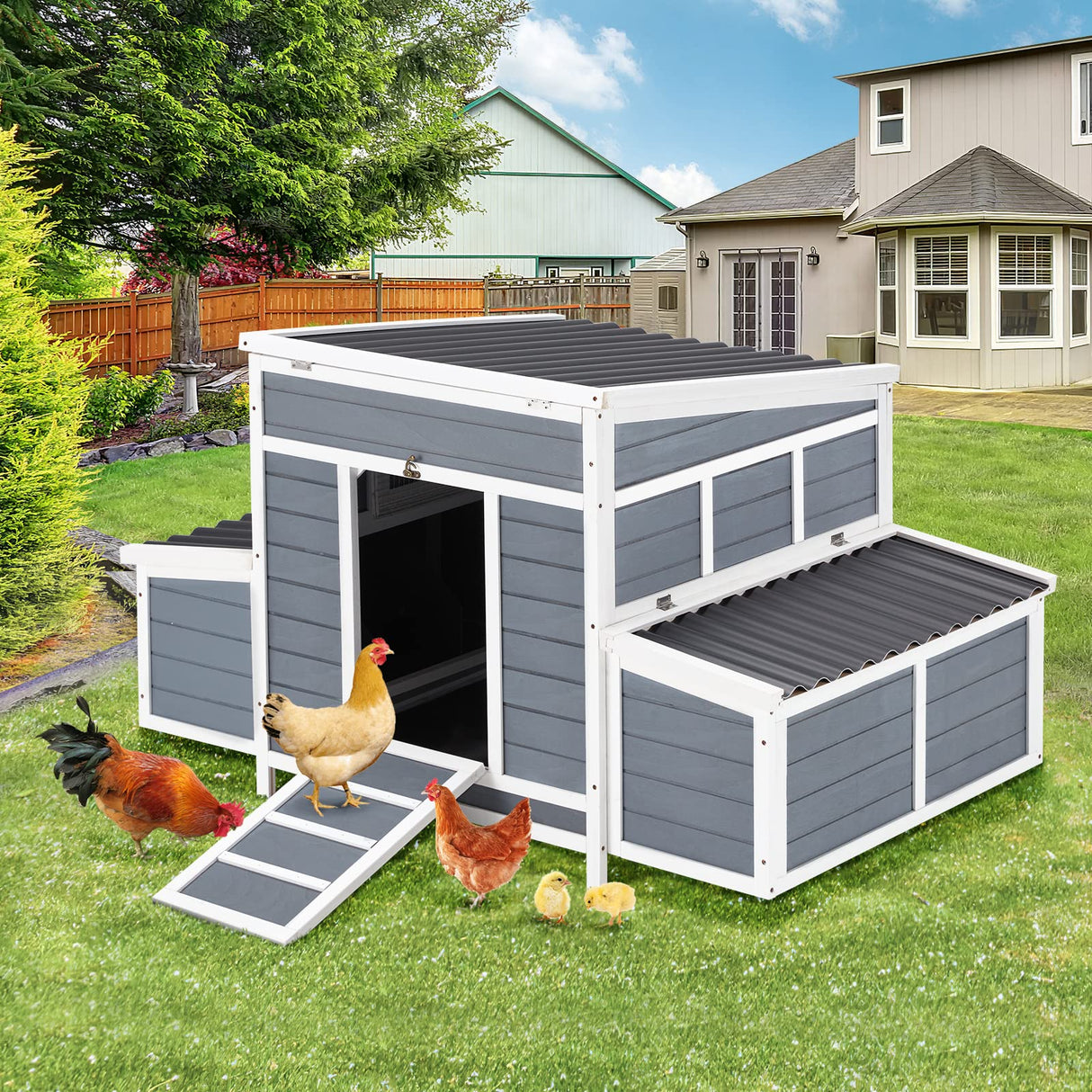 AECOJOY Chicken Coop, 56" Large Wooden Chicken Hutch with 6 Nesting Boxes, Outdoor Hen House Chicken Cage AECOJOY