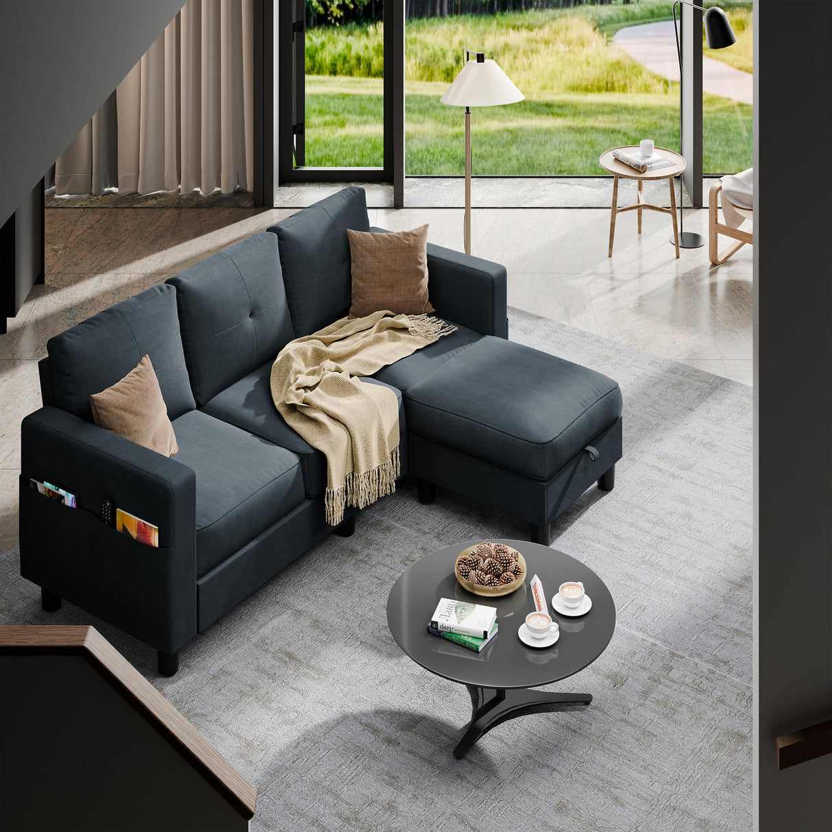 Shintenchi 79 Inch Convertible Sectional Sofa Couch, Modern Linen Fabric L-Shaped , 3-Seat Sofa Sectional with Reversible Chaise for Living Room, Apartment and Small Space (Dark Grey) Shintenchi