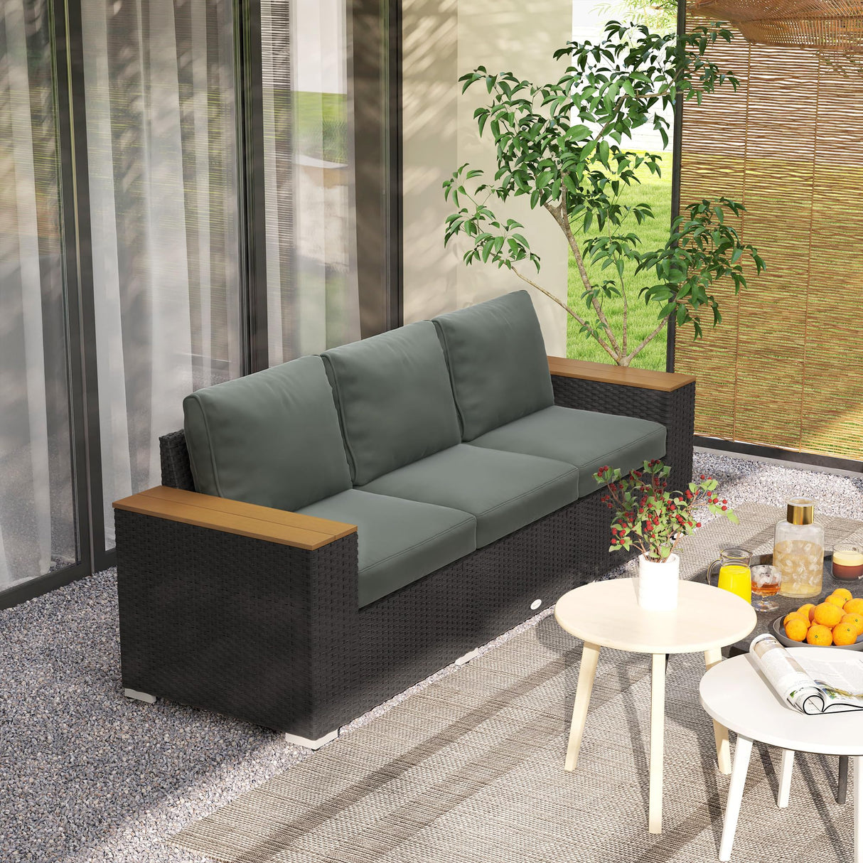 Outsunny 3-Seat Outdoor Patio Sofa with Cushions, PE Rattan Wicker Sofa with Wood Grain Wide Armrests, Outdoor Wicker Couch for Porch, Garden, Sunroom, Poolside, Dark Gray Outsunny