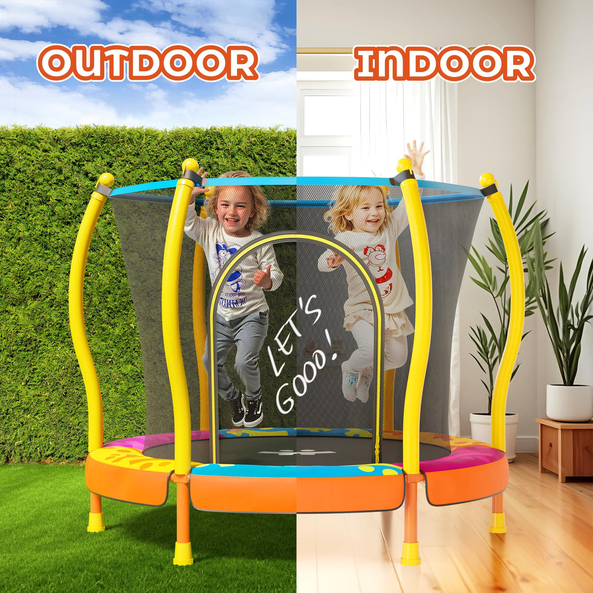 Happin® 55” Toddler Trampoline Indoor & Outdoor Playset Ages 1-6, 5FT Kids Trampoline, Ultra Safe Mini Trampoline for Kids with Safety Enclosure Net, Gifts for Birthday with Basketball Hoop Happin