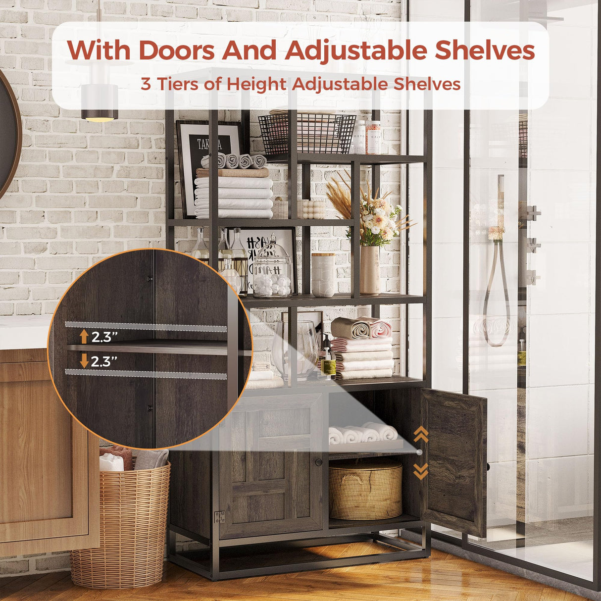 IRONCK Bookshelves and Bookcases, 71inch 6 Tiers Tall Bookcase with Storage Cabinet, 35.4in Wide Book Shelf with Doors and Adjustable Shelves, Industrial Bookshelf for Home Office, Living Room IRONCK