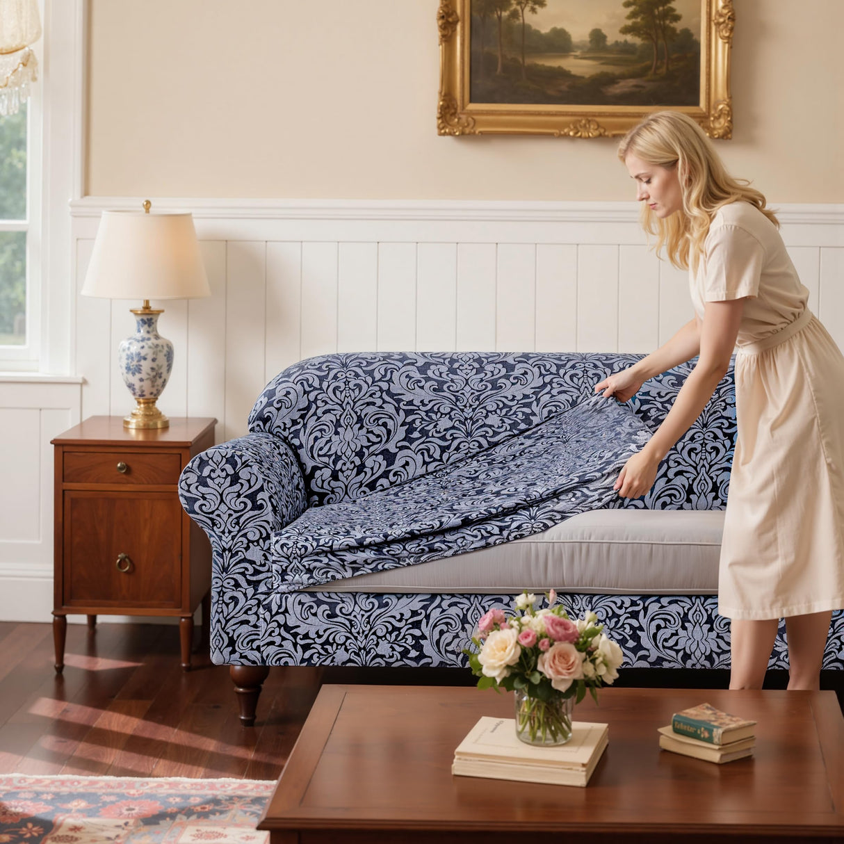 SUBRTEX 2 Piece Couch Covers, Jacquard Damask 3 Seater Sofa Cover with Seat Cushion, Stretch Sofa Slipcovers Non Slip Furniture Protector for Dogs Pets (Large, Grey) SUBRTEX