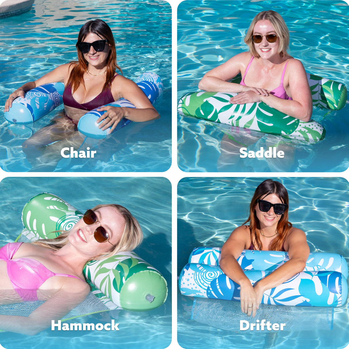 SLOOSH 2 Packs Tropical Leaves Hammock Pool Floats Adults, 4-in-1 Multi-Purpose Inflatable Pool Floats PVC Water Hammock Lounge Floaties (Blue&Green) Sloosh