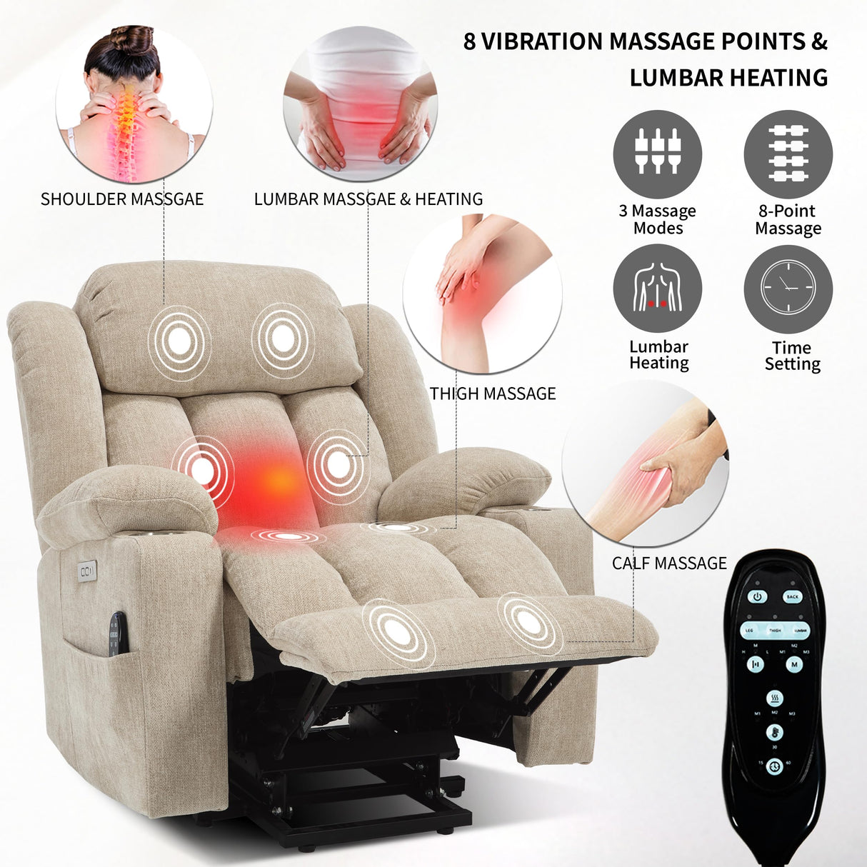 Power Lift Chair for Elderly, Electric Recliner Chair with 8-Point Vibration Massage and Lumbar Heating, Charging Ports, Cup Holders, Standing Assistance Reclining - Ivory White Luxlen