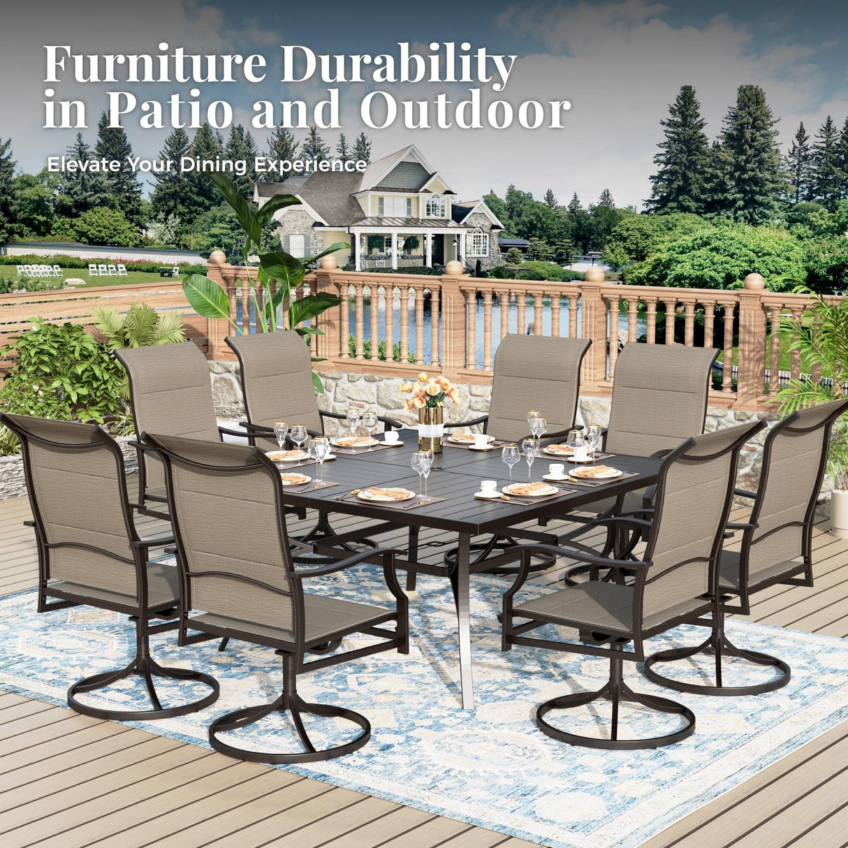 MIXPATIO 9 Pieces Patio Dining Set, Outdoor Table and Chairs, 8 x Textilene Swivel Dining Chairs and 60" Square Outdoor Dining Table, for Cozy Garden Settings, Grey-Brown MIXPATIO