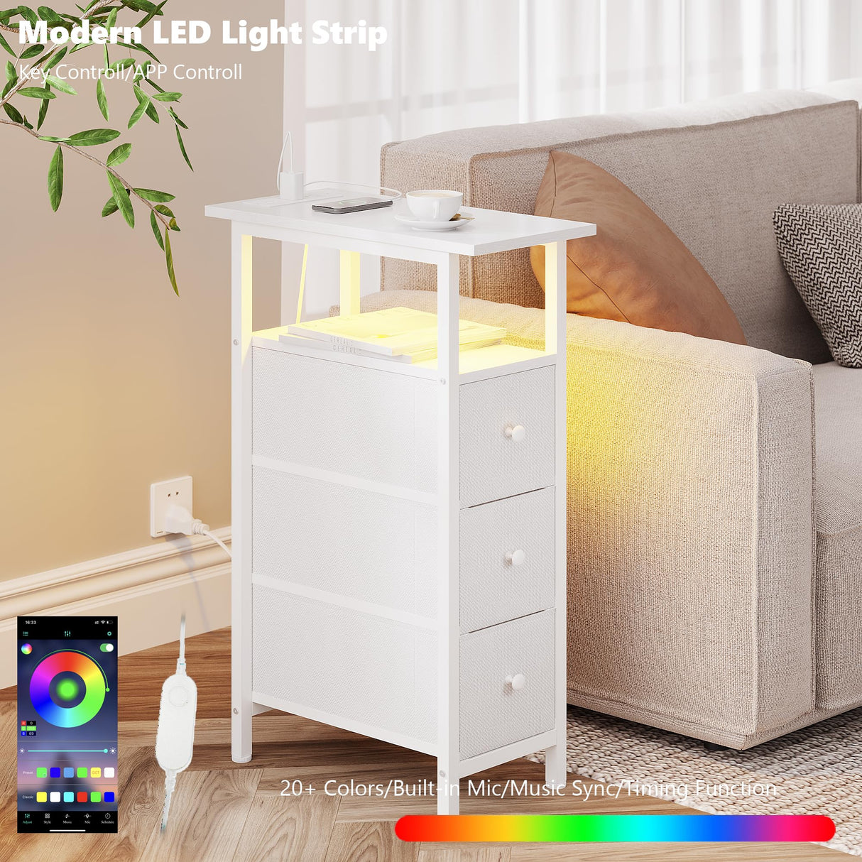 TRIFEBLE End Table with Charging Station, Narrow Side Table with 3 Fabric Drawers, Skinny Nightstand with LED Light, Slim Bedside Table for Bedroom, Living Room, Small Spaces, White TRIFEBLE