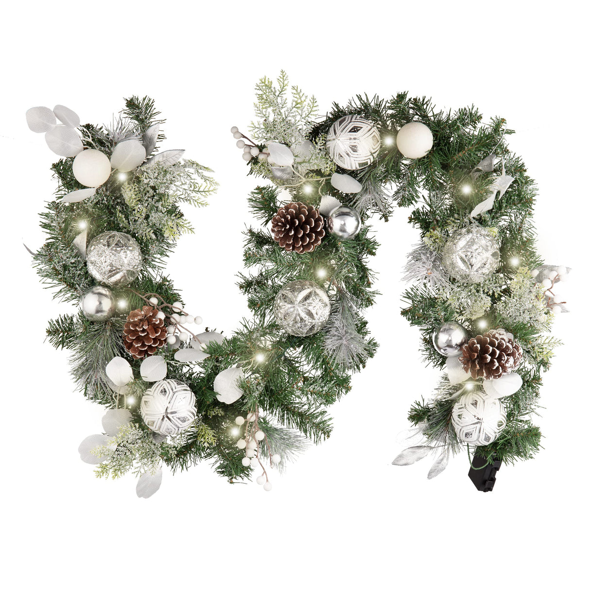 Valery Madelyn 6 Feet Pre-Lit Christmas Garland with Lights for Mantle, Lighted Outdoor Xmas Garland with Snowy White Ball Pinecones for Home Stairs Fireplace Table Centerpiece Indoor Holiday Decor Valery Madelyn