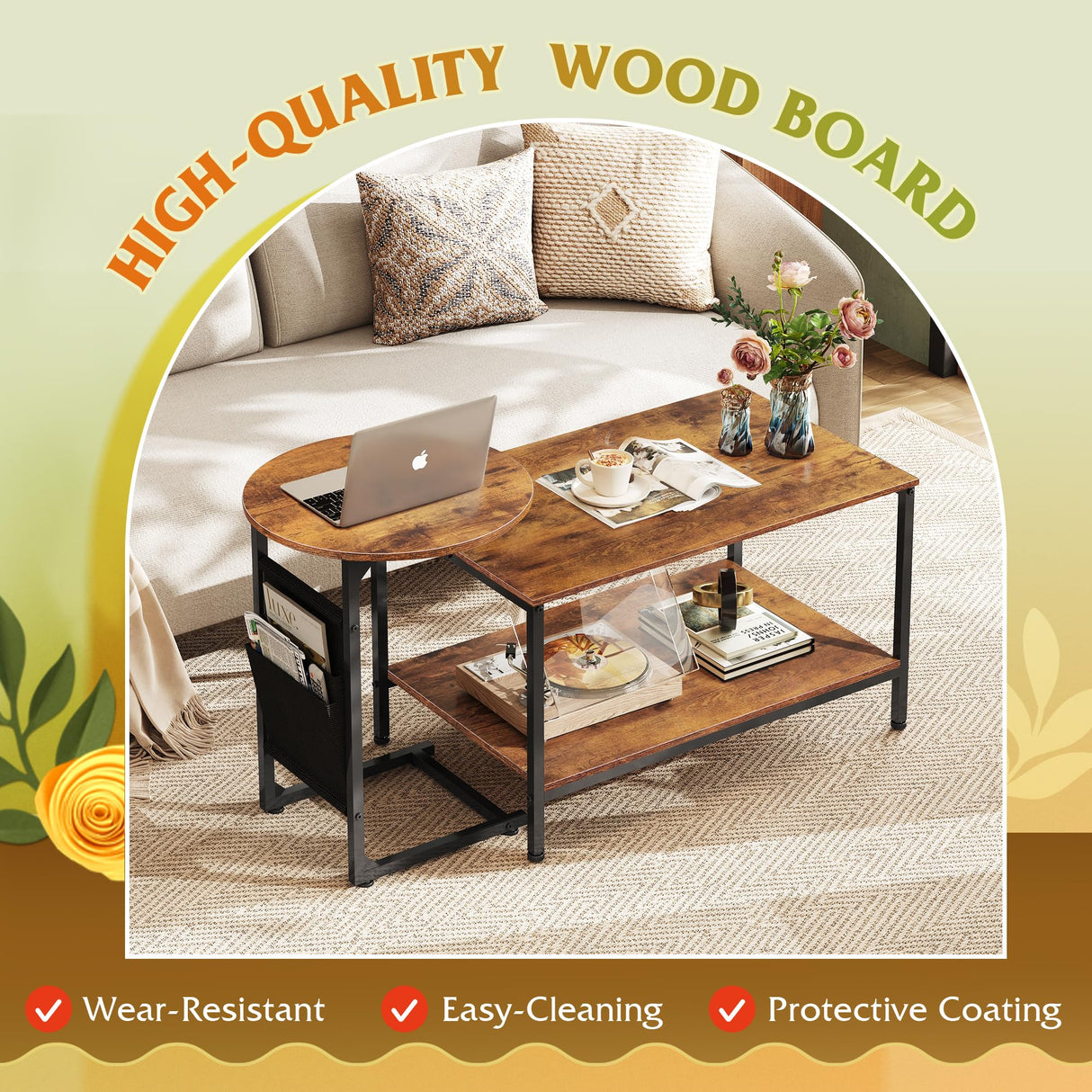 WLIVE Coffee Table, 31.3" and 18.7" Small Coffee Tables for Living Room, Modern Center Table and Side Table Set with Storage Side Pouch for Bedroom, Apartment, Rustic Brown WLIVE