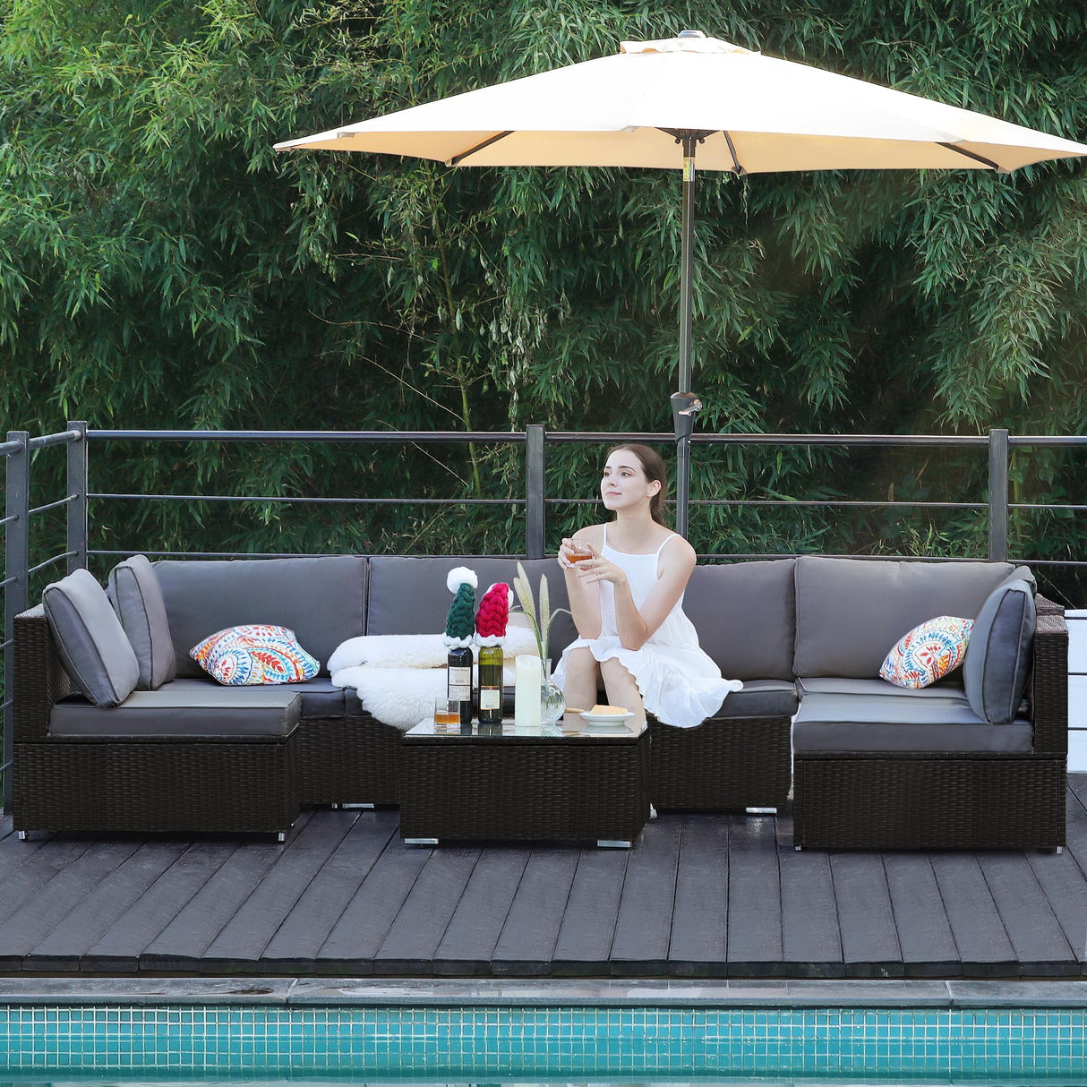 ZJEYEJZ 7-Piece Patio Furniture Set - Outdoor Sectional Sofa Set with Cushions and Glass-Top Coffee Table for Gardens, Poolside, Backyards and Porches, Black/Grey ZJEYEJZ