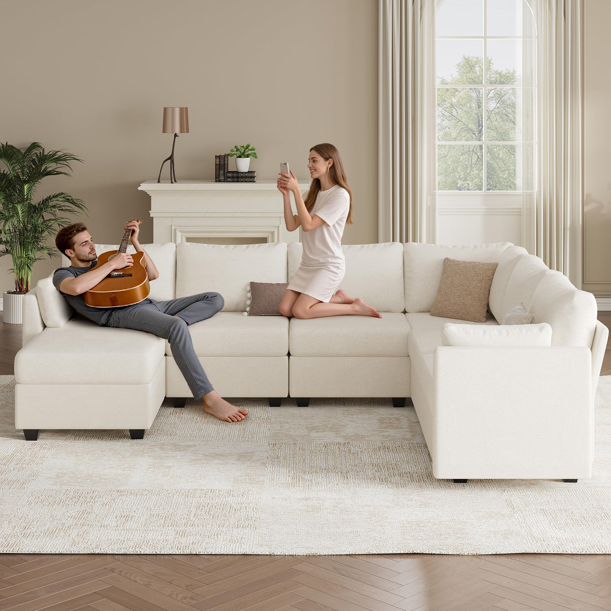 Reedvales Modular Sectional Sofa Couches, Large Convertible Modular Couches with Storage, 7-Seater Sectional Sofa for Living Room, U Shaped Sectional Couch Sleeper Sofa with Chaise (Beige, 7 Seats) Reedvales