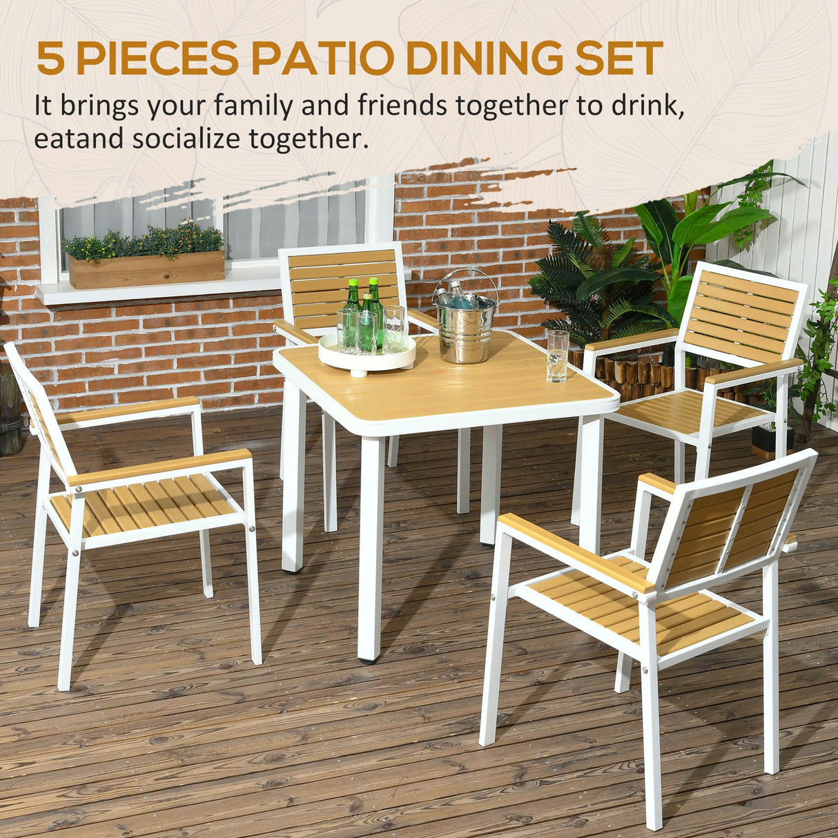 Outsunny 5 Piece Patio Dining Set for 4 with Umbrella Hole, Waterproof HDPE Outdoor Table and Chairs, Aluminum Frame Dining Furniture Set, Yellow Outsunny