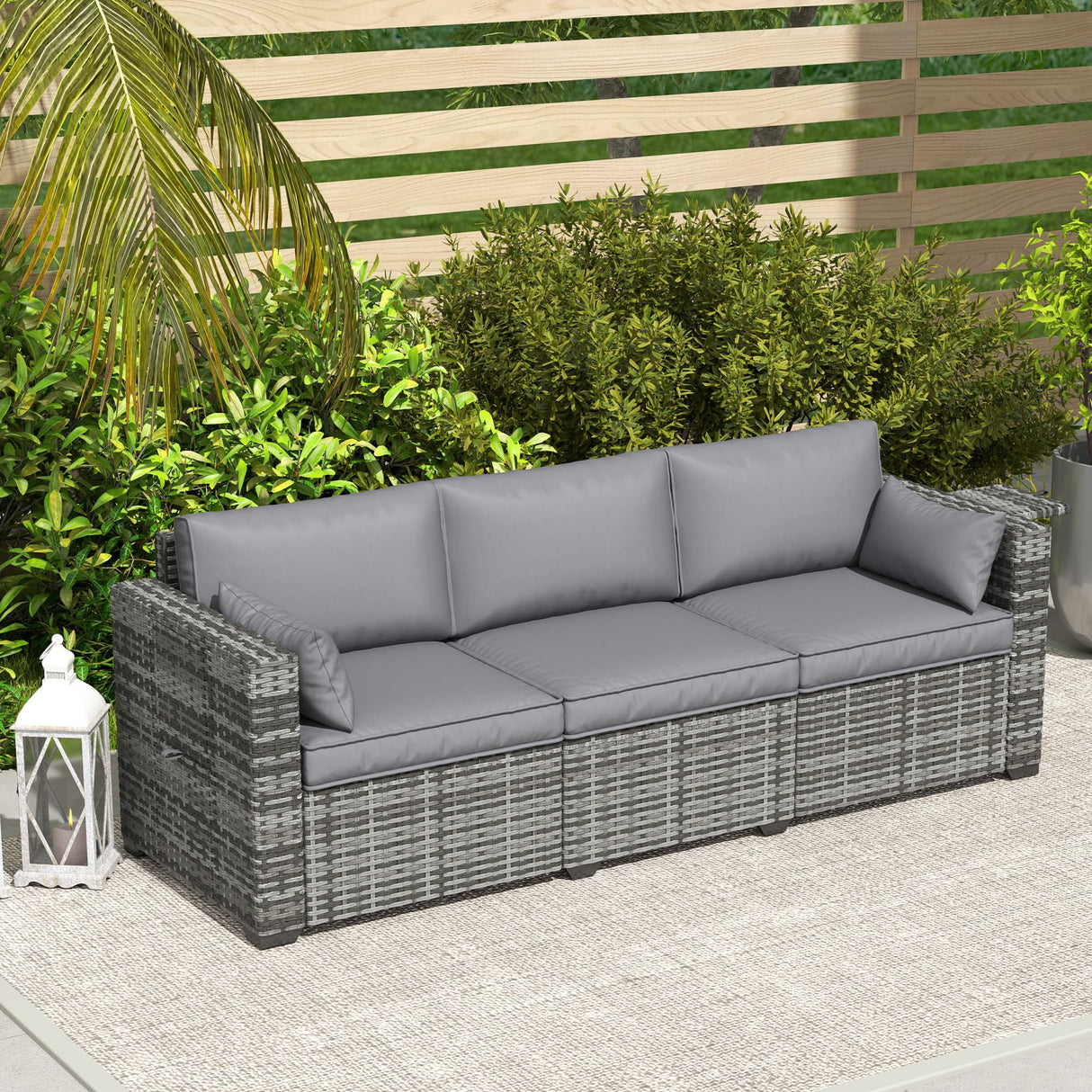 Outsunny 3 Seater Wicker Sofa with Side Tray Tables, Rattan Outdoor Patio Sofa with 6" Thick Back Cushions, Outdoor Wicker Couch with Deep Seating, Pillows for Porch, Garden, Backyard, Mixed Gray Outsunny