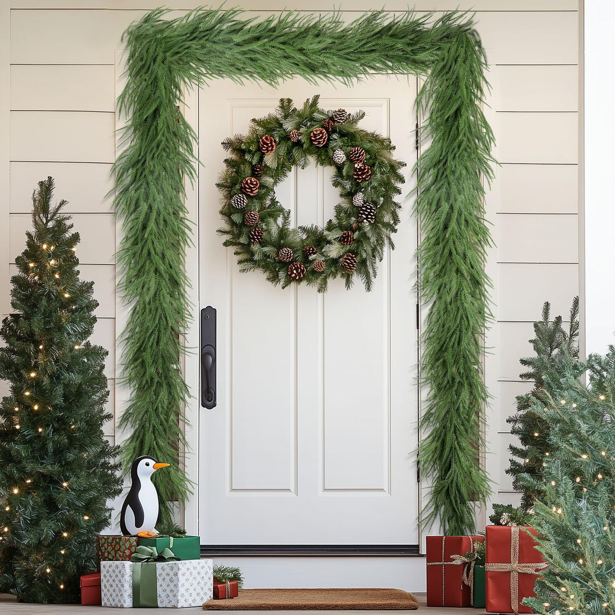 Alupssuc 9ft Artificial Christmas Garland, Real Touch Norfolk Pine Garland- Winter Pine Garland, Greenery Christmas Garland for Mantle, Table, Fireplace, Indoor, Outdoor Christmas Decorations Alupssuc