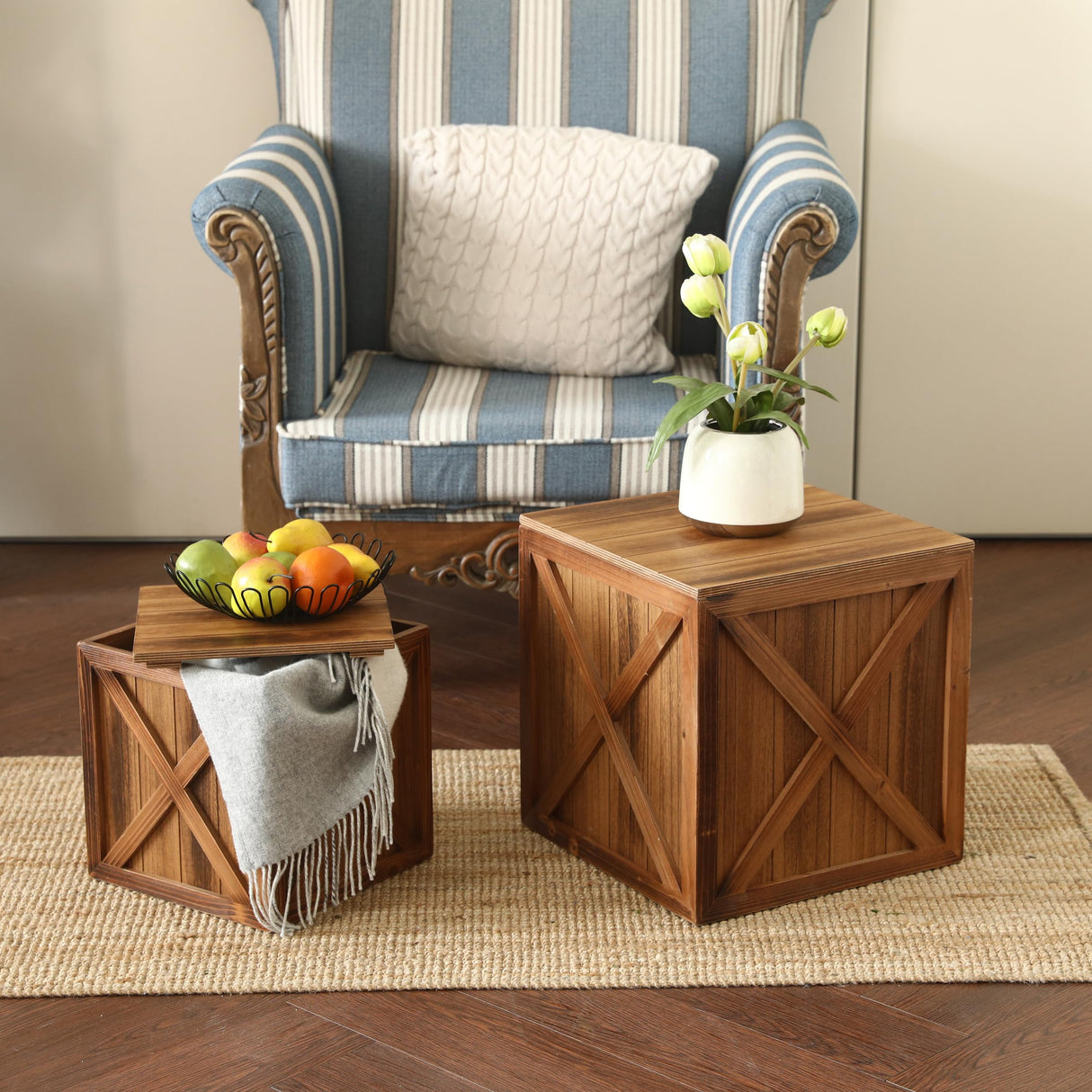 COLLECTIVE HOME - Wood Storage Ottoman, Rustic Storage Stool, 2 Pack Cube Seat Foot Rest Stool, Accent Side Table, Metal Storage Bin for Living Room Furniture, 16"/12" (Wood, barn Door) COLLECTIVE HOME