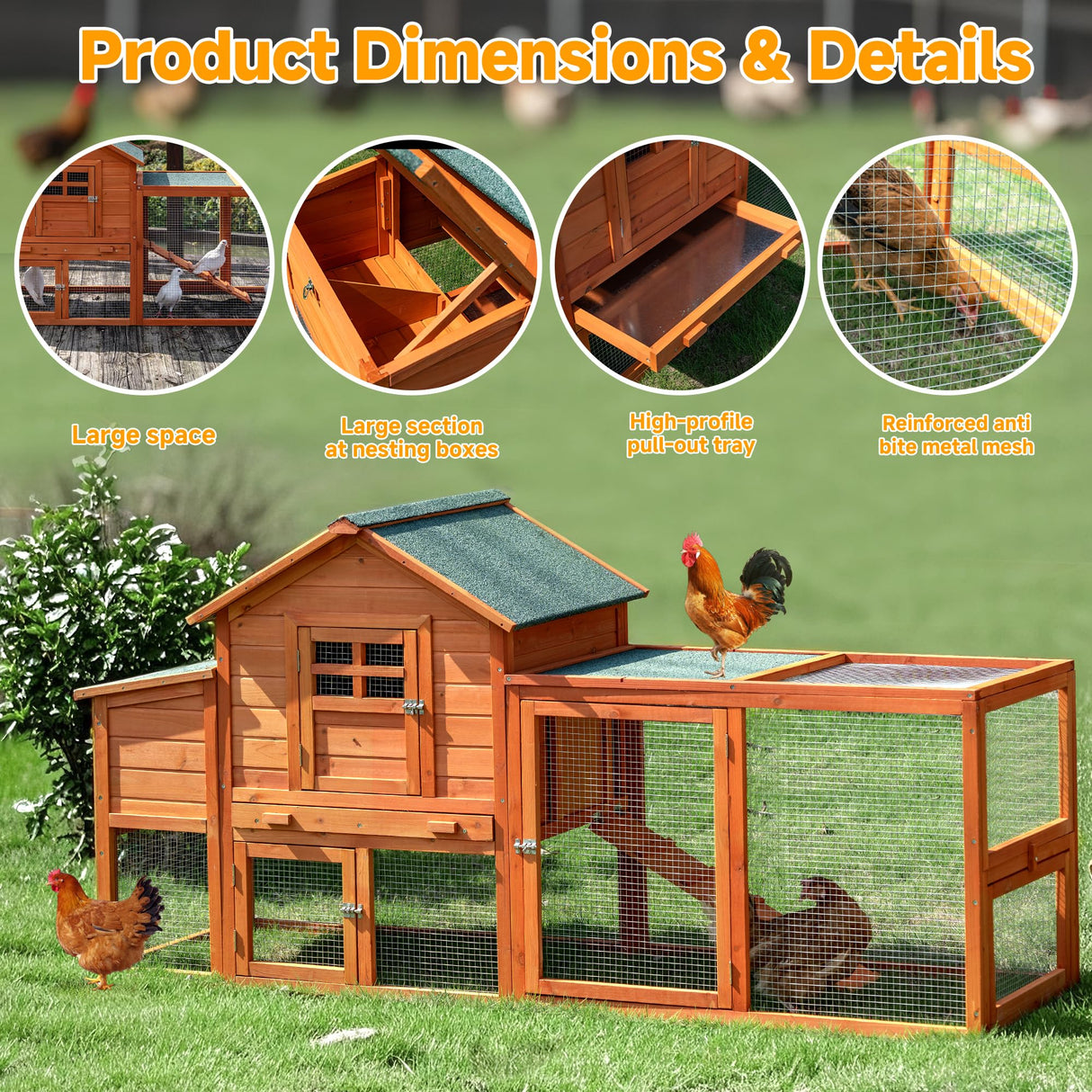 GARWOOD Large Wooden Chicken Coop Outdoor Big Hen House Poultry Pet Duck Hutch with Run Cage Nesting Box Waterproof Asphalt Roof Ramp Removable Tray Wire Fence for Backyard Small Animals 79" Brown GARWOOD
