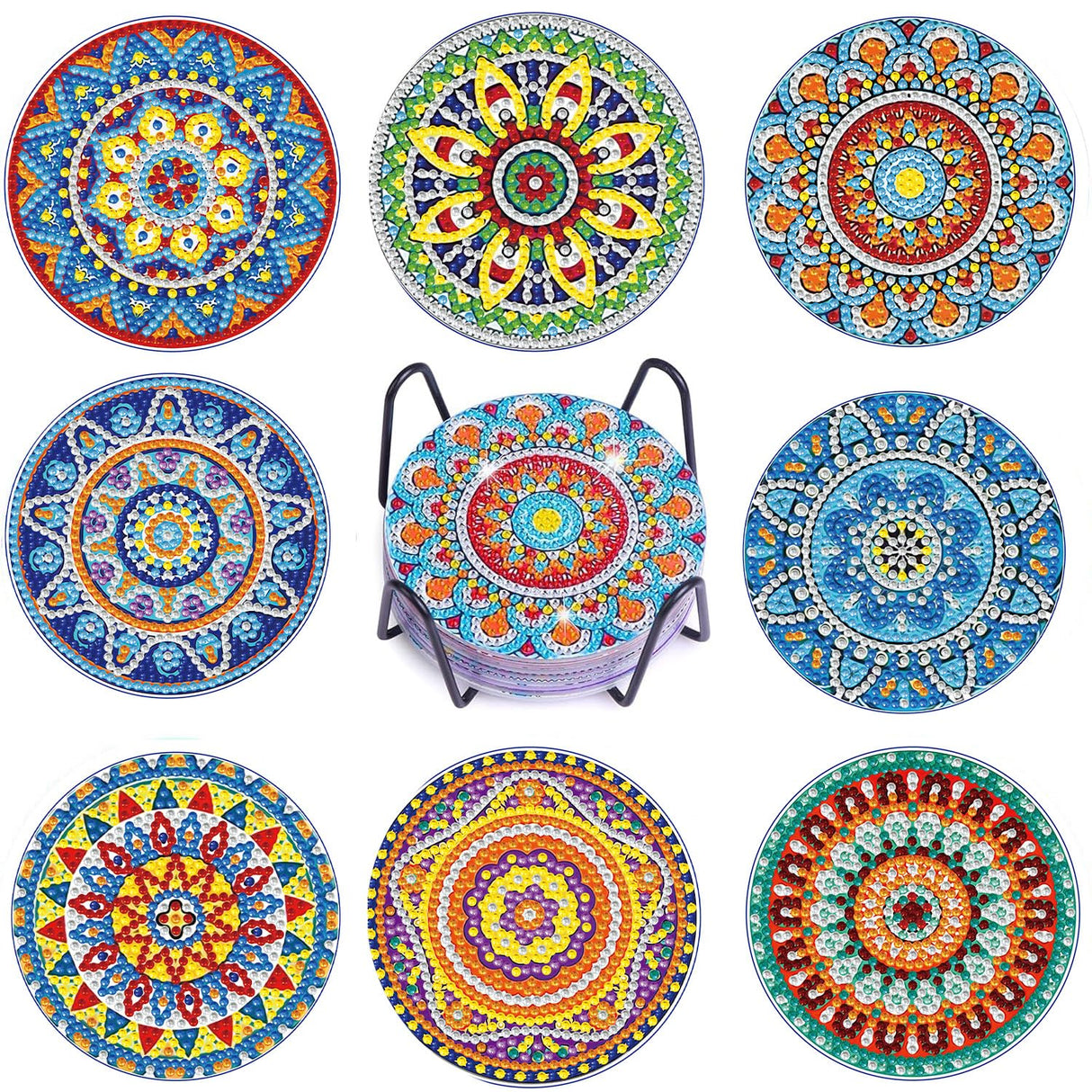 8 PCS Mandala Diamond Art Coasters Kits, Boho Diamond Painting Coasters with Holder Set of 8, DIY Drink Coasters Art Crafts Supplies for Adults Cup Mat for Home Decor House Warming Gifts 3.9inch FOXKISS