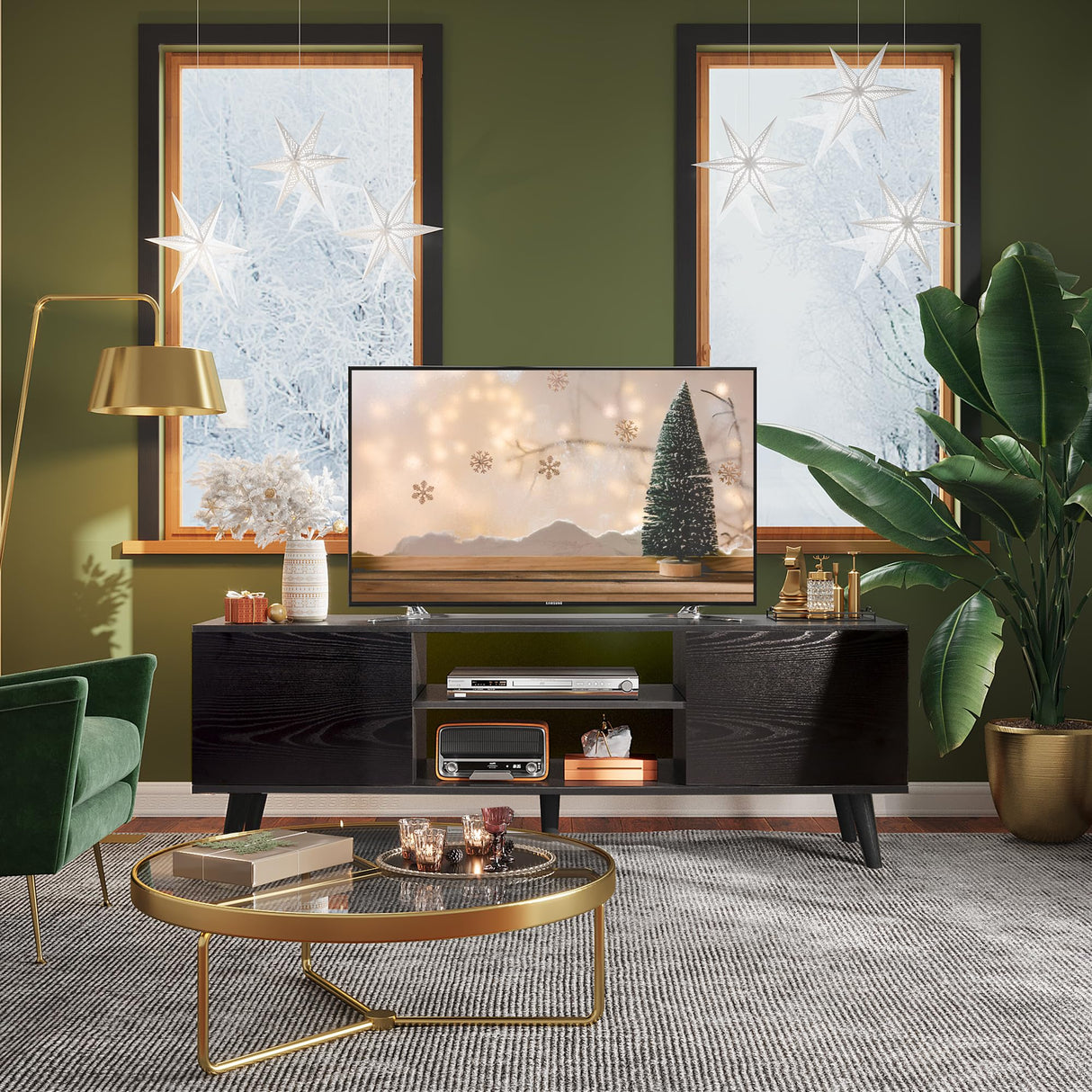 WLIVE TV Stand for 55 60 inch TV, Entertainment Center with Storage Cabinets, Rustic TV Console for Living Room Decor, Black WLIVE