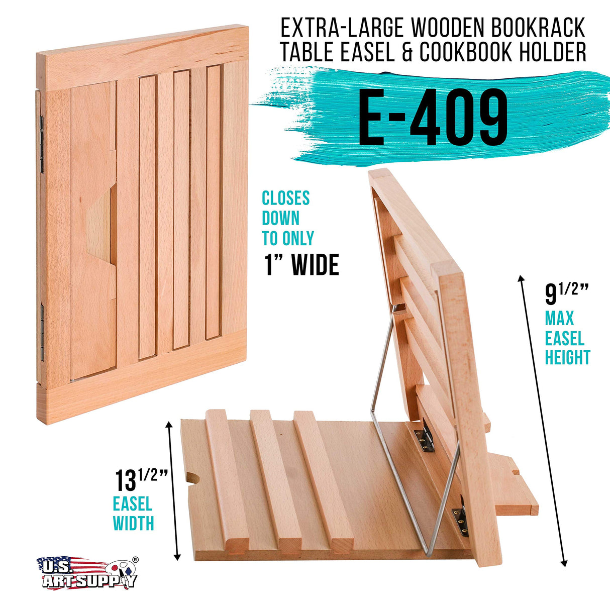 U.S. Art Supply Large Wooden Table Easel - Adjustable Incline, 2 Page Holders - Functions as Wooden Cookbook Stand, Kitchen Countertop Recipe Rack, Tablet Rest & Cook Book Holder for Kitchen Counter U.S. Art Supply