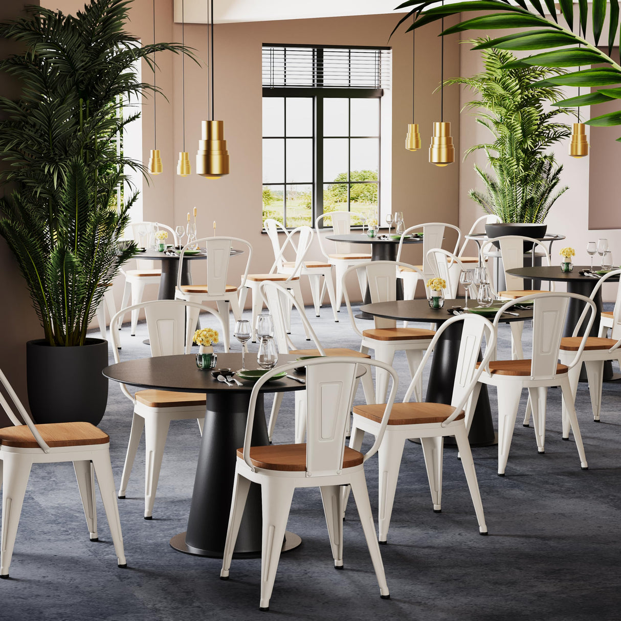 Alunaune 18inch Metal Dining Chair Set of 4 High Back Classic Chic Iron Farmhouse Chairs Industrial Stackable Coffee Stools Bistro Cafe Side Barstools Wood Seat-White Alunaune