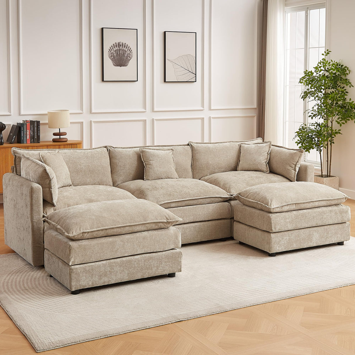 saows Modular Sectional Sofa, 112.2 Inch U Shaped Couch Set with Armrests, 3-Seater Comfy Cloud Couches with Movable Ottoman for Living Room Apartment, Coffee saows