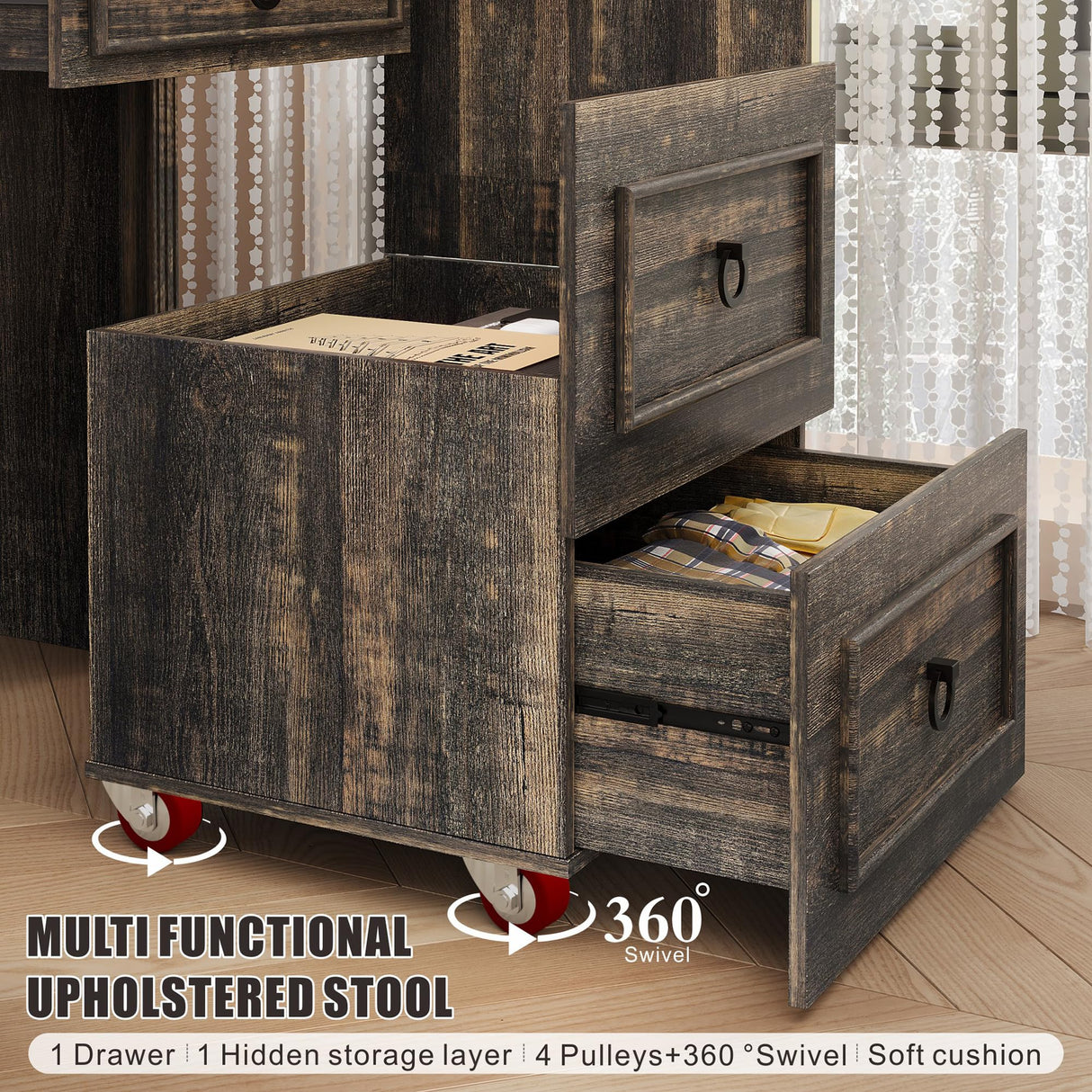 FREDEES Vanity Desk with Mirror,Small Makeup Vanity Set with Customizable Lighting,Compact Makeup Vanity Desk with Hidden Storage and Comfortable Stool,Dressing Table for Bedroom,Brown FREDEES