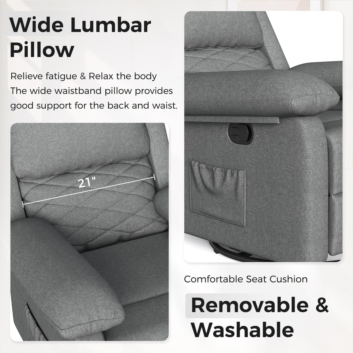 Glider Recliner for Adult Indoor Upholstered Lounge Nursery Chair Swivel Single Sofa with Side Pockets for Living Room Bedroom(Grey) Amopatio