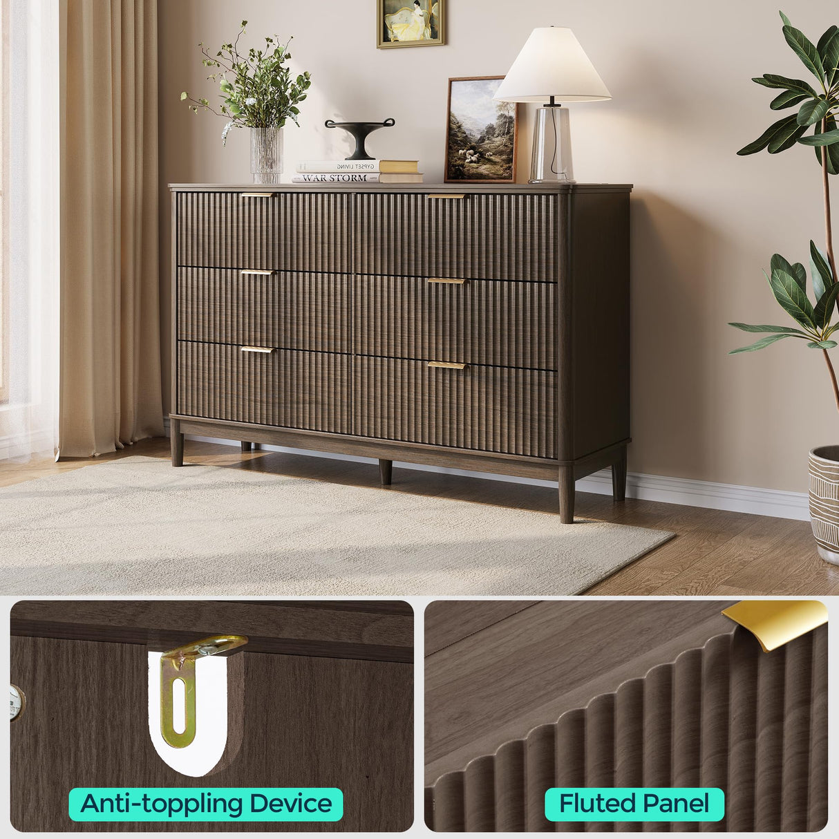 LINSY Fluted Dresser for Bedroom with 6 Drawers, Mid Century Modern Chest of Drawers with Gold Metal Handles, Wide Boho Wood Dressers, Large Farmhouse Storage Cabinet for Bedroom, Living Room, Walnut LINSY