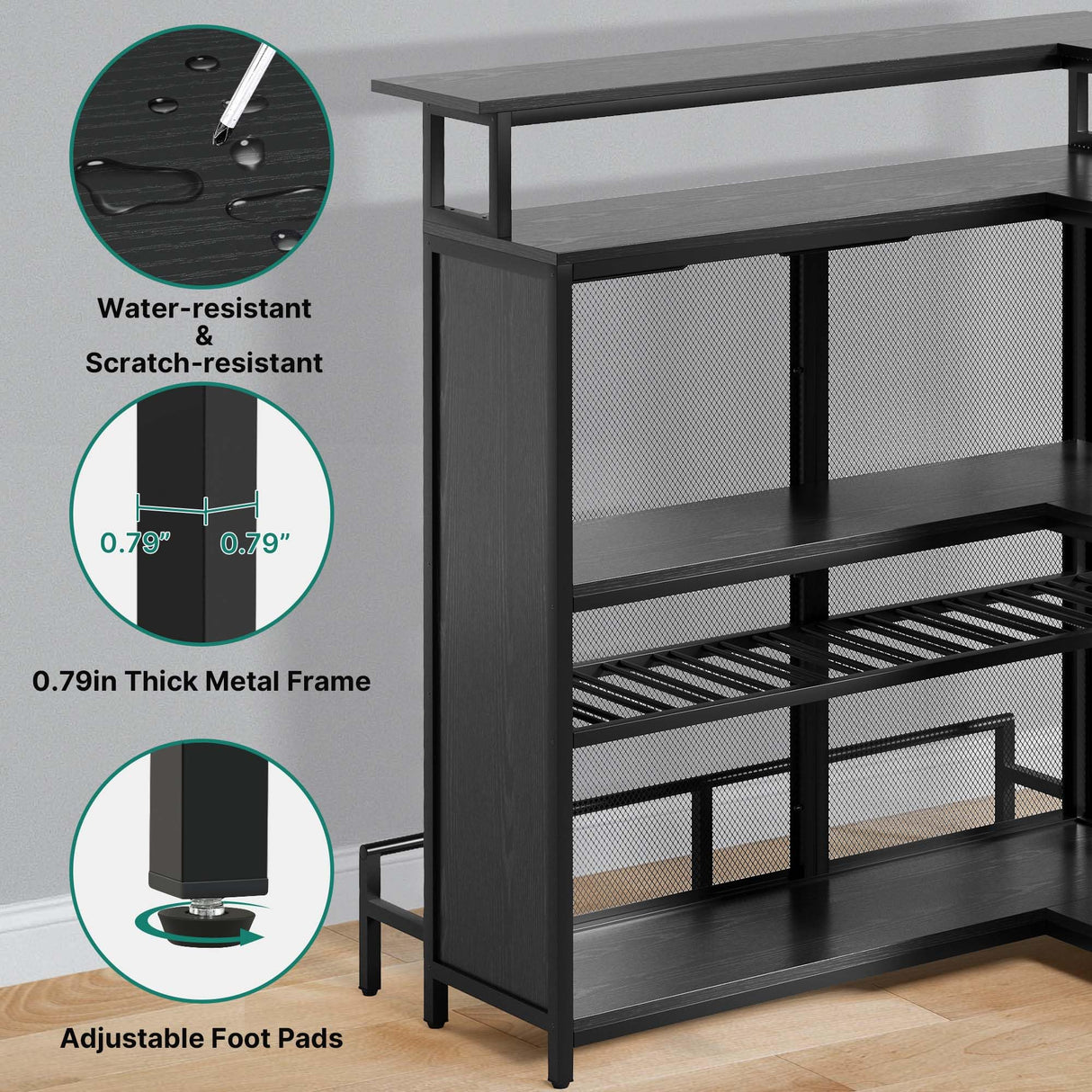 YITAHOME Modern L-Shaped Mini Home Bar Unit with Music-Responsive LED Light and Storage Solutions in Black YITAHOME