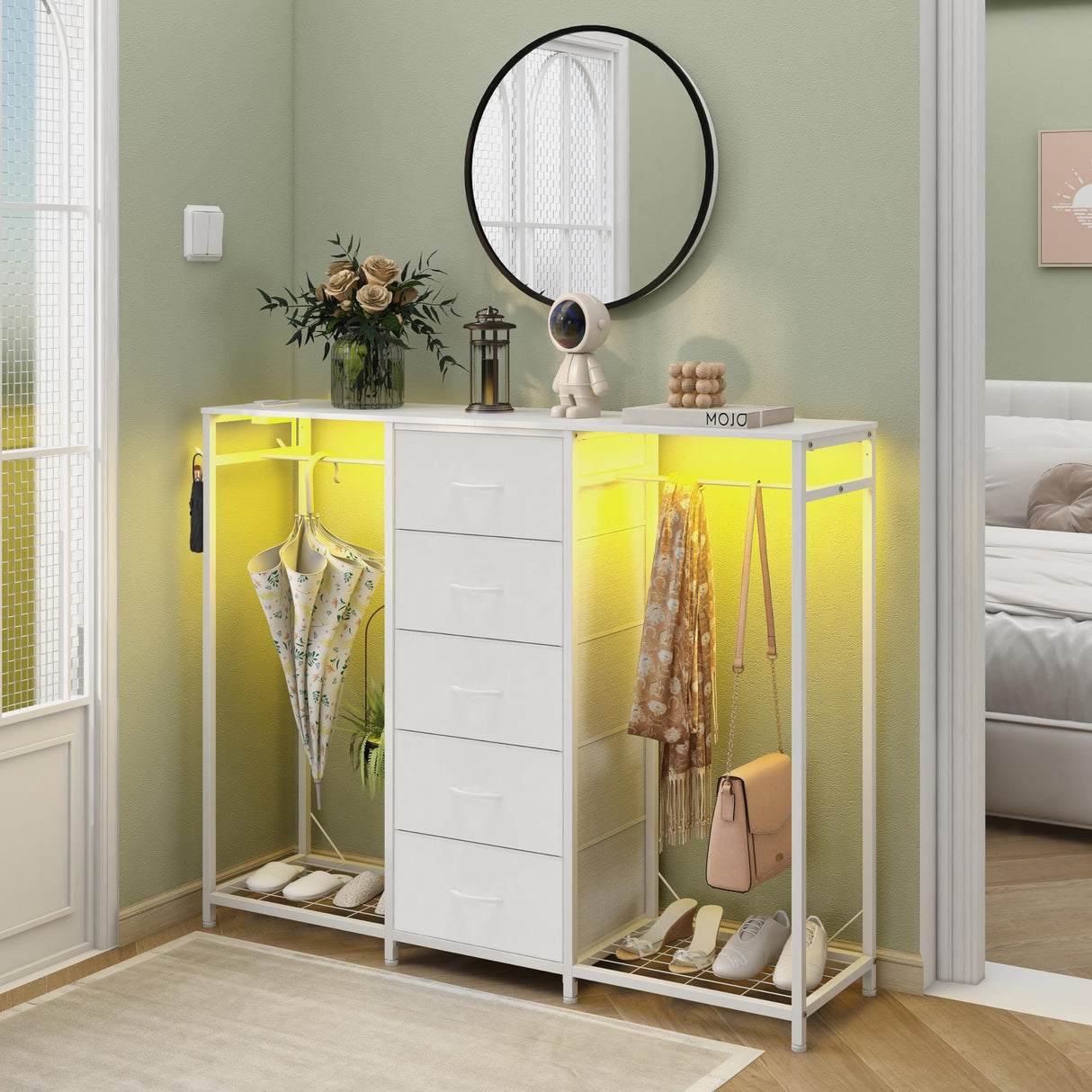Espelism Dresser for Bedroom with Clothes Rack 5 Drawer Dresser with Charging Station LED Lights White Chest of Drawers Flexible Shelf and Open Storage Space for Bedroom Living Room (White) Espelism