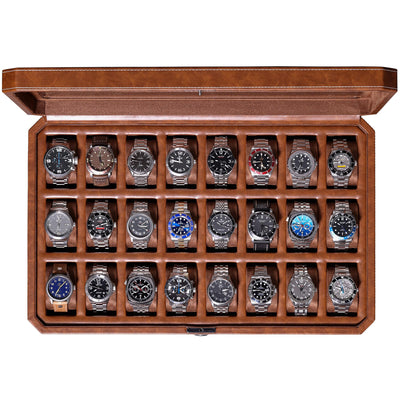ROTHWELL 24 Slot Watch Case with Lock – Luxury Watch Box to Display and Organize Your Collection | Real Glass Top | Premium Storage for Collectors (Tan/Brown)