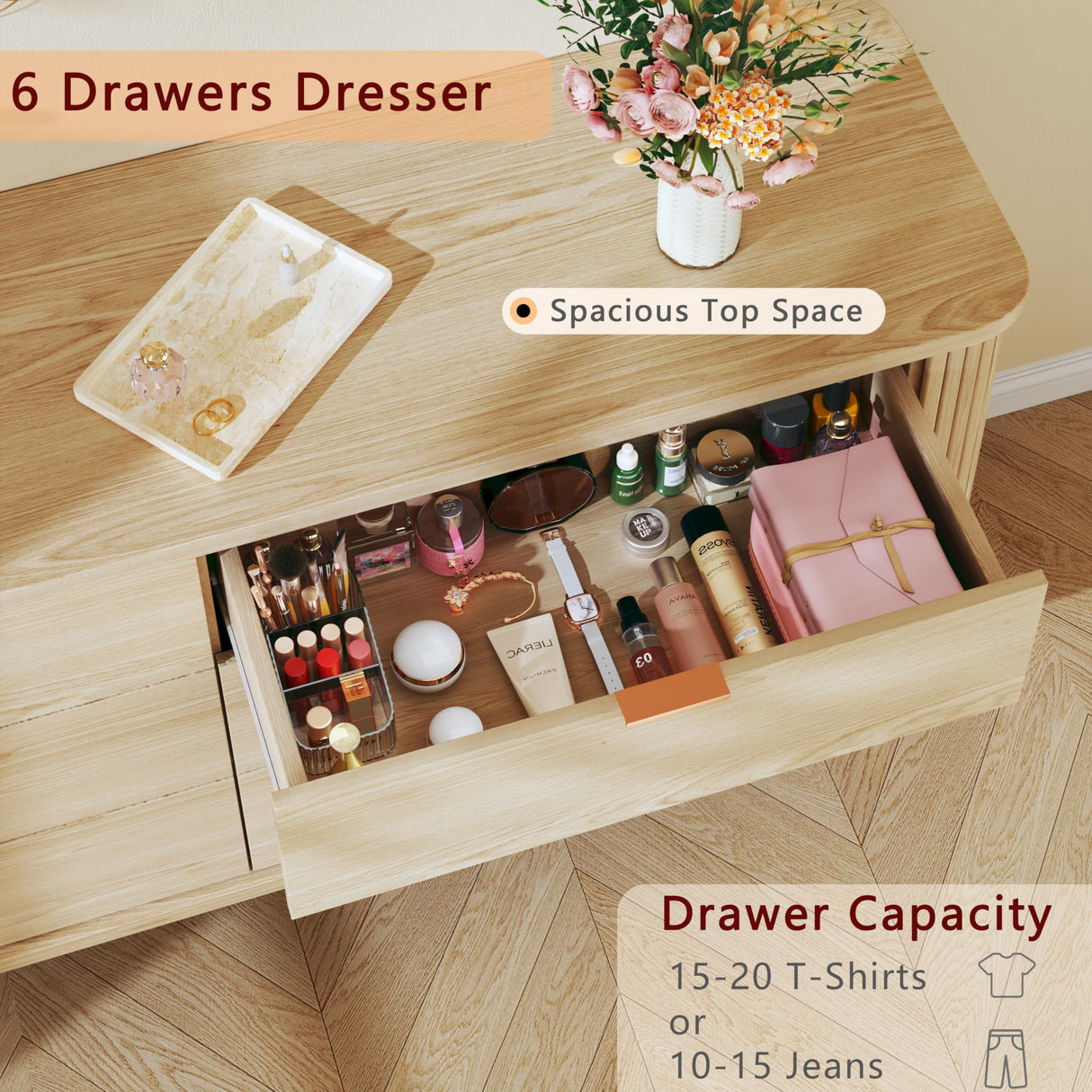 HUAHUU Fluted 6 Drawers Dresser for Bedroom, 55" Mid Century Modern Dresser & Chests of Drawers, Curved Profile Design, Dressers TV Stand, Wood Storage for Hallway, Entryway, Oak HUAHUU