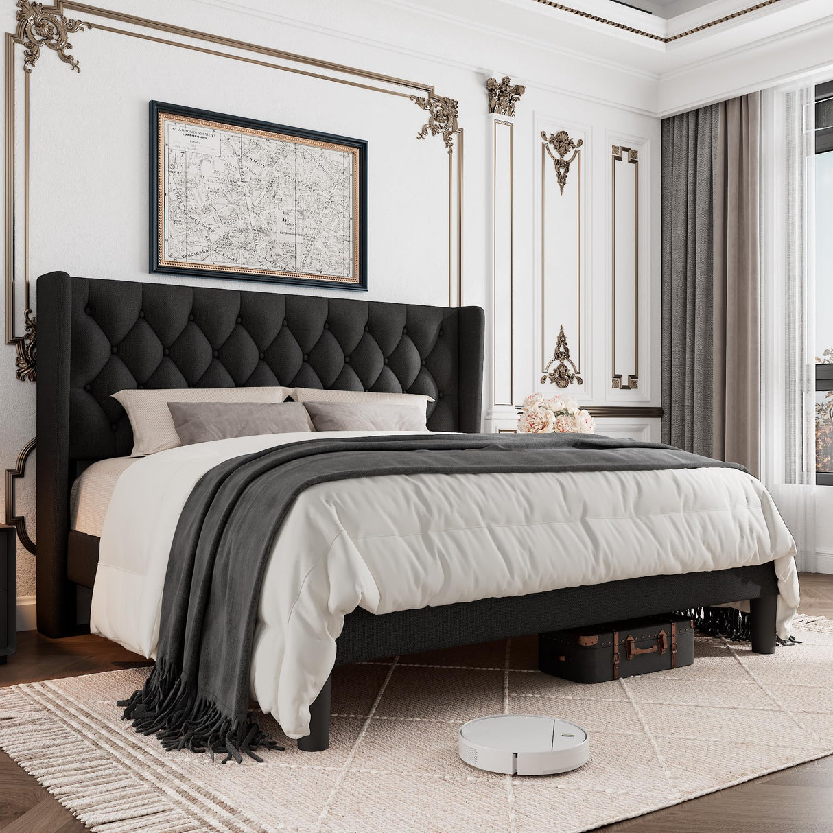 GalnFu King Size Bed Frame with Button Tufted Headboard, Upholstered Platform Bed Frame with UnderBed Storage, Wooden Slats Supports, Noise Free, No Box Spring Needed, Easy Assembly, Black GalnFu