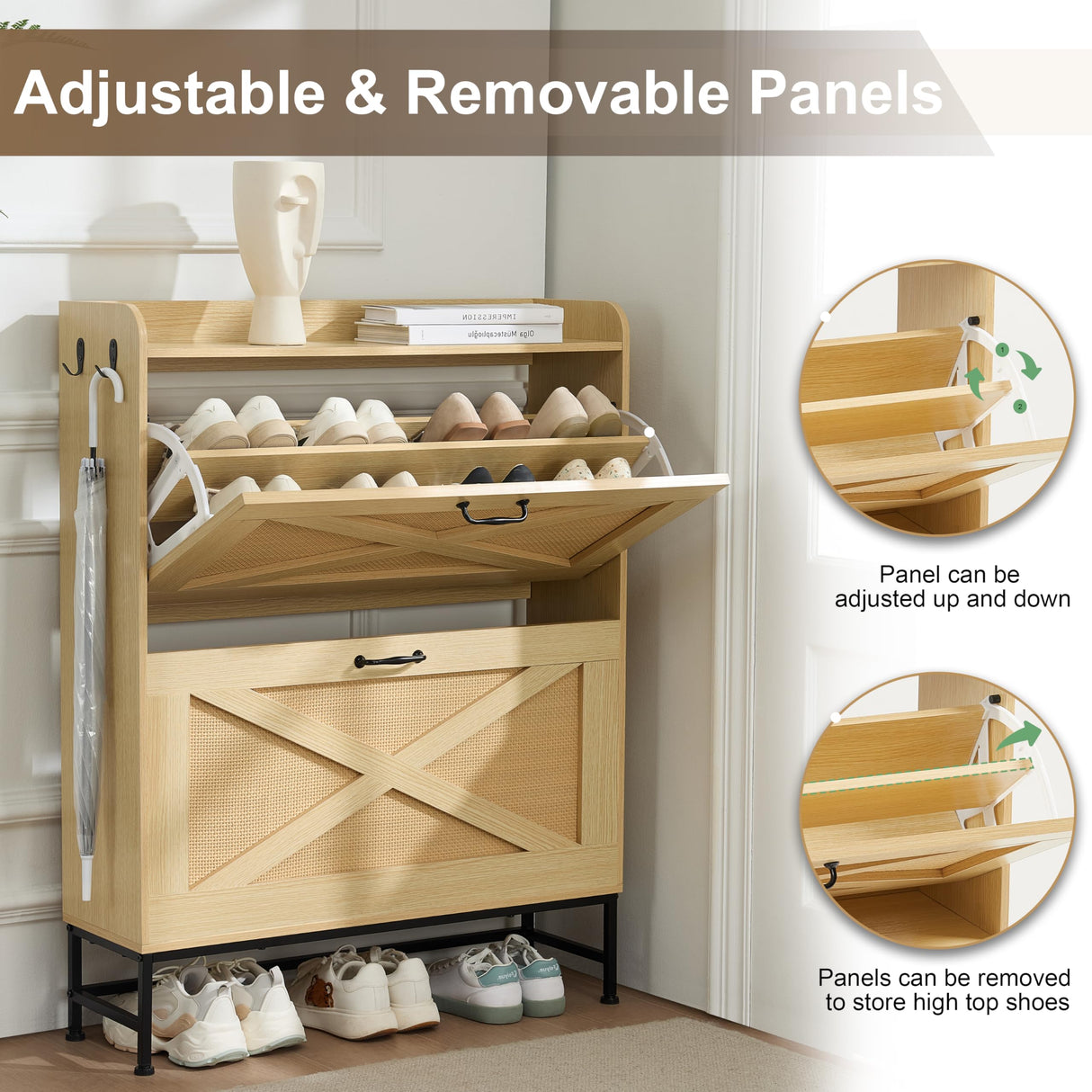 Chilihom Narrow Rattan Shoe Cabinet Storage for Entryway, Shoe Organizer with 2 Flip Drawers, Hidden Shoe Storage Slim Storage Cabinet Metal Legs, Farmhouse Free Standing Shoe Rack Cabinet, Natural Chilihom