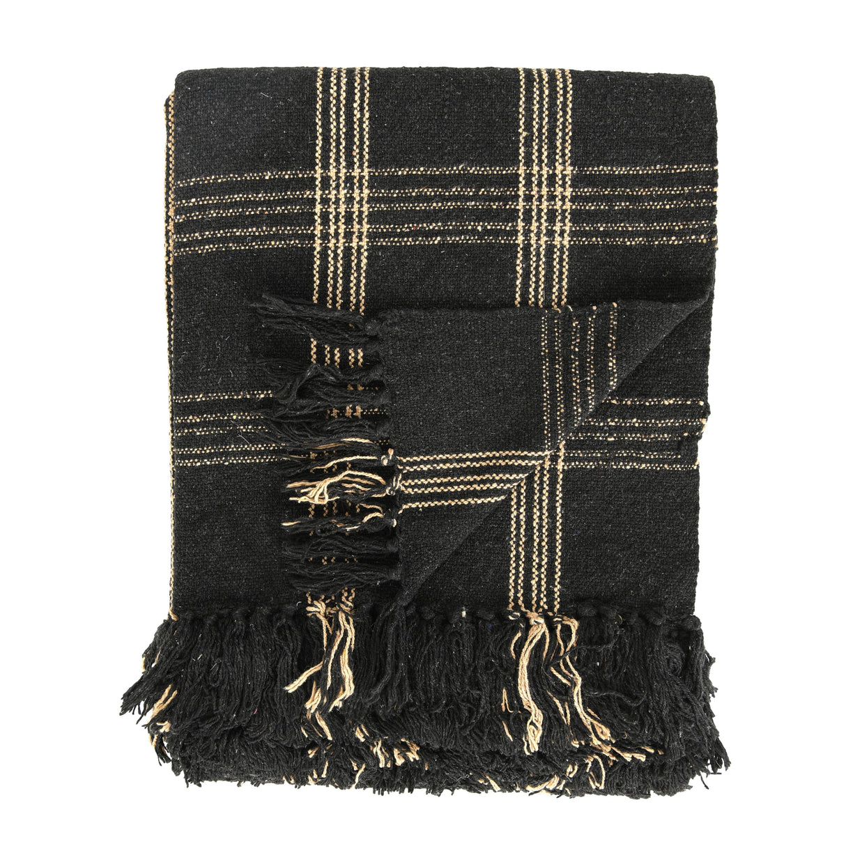Plaid Black & Tan Fringed Woven Cotton Blend Throw Creative Co-Op