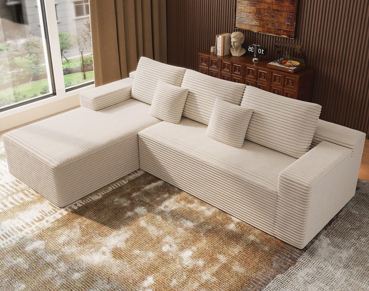 Boneless Modular Sectional Sofa, Cloud Couch with Left Facing Chaise, Oversized Deep Seat, L-Shaped, Soft Corduroy Fabric, Sectional Couch for Living Room -Beige NMXUXMN