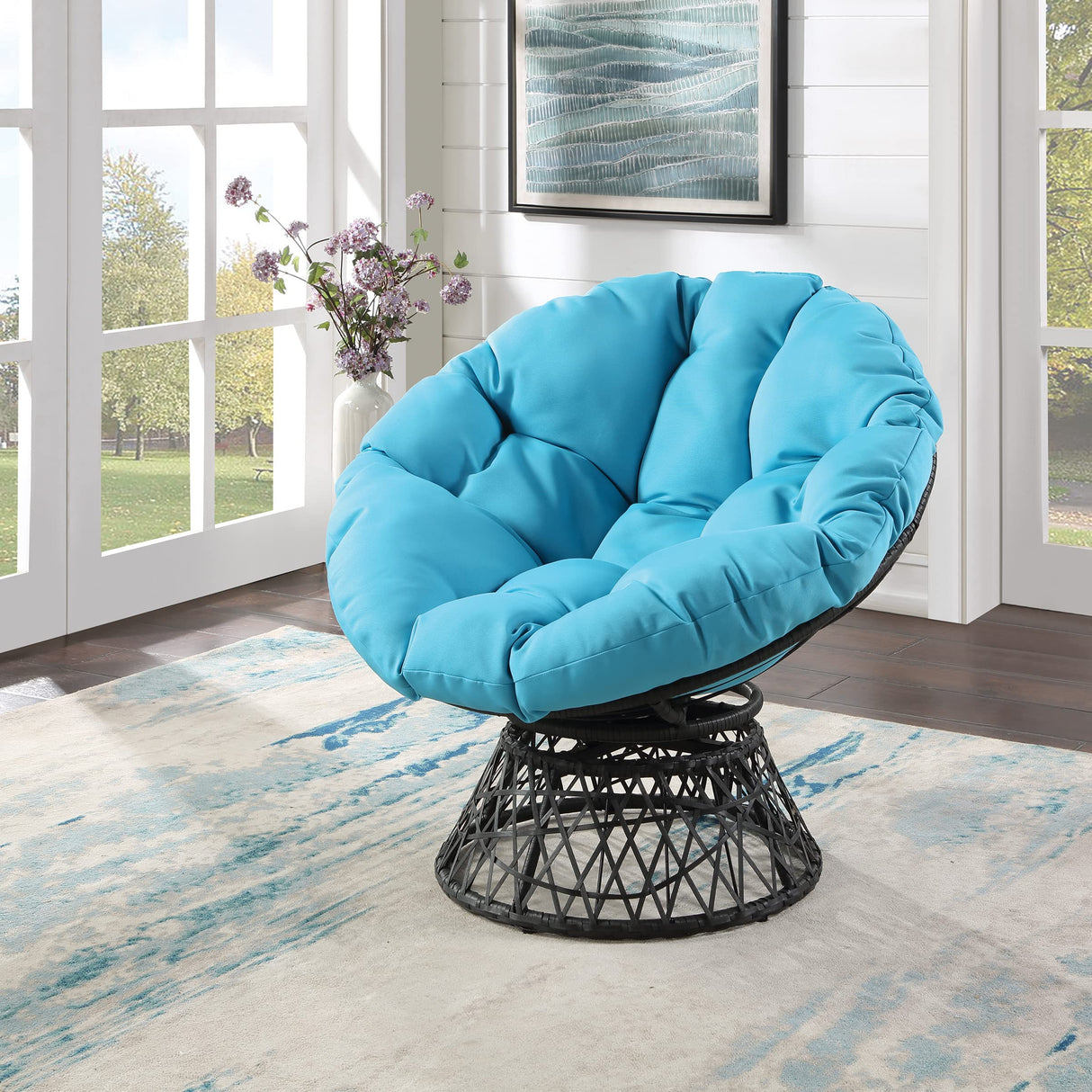 OSP Home Furnishings Wicker Papasan Chair with 360-Degree Swivel, Grey Frame with Blue Cushion OSP Home Furnishings