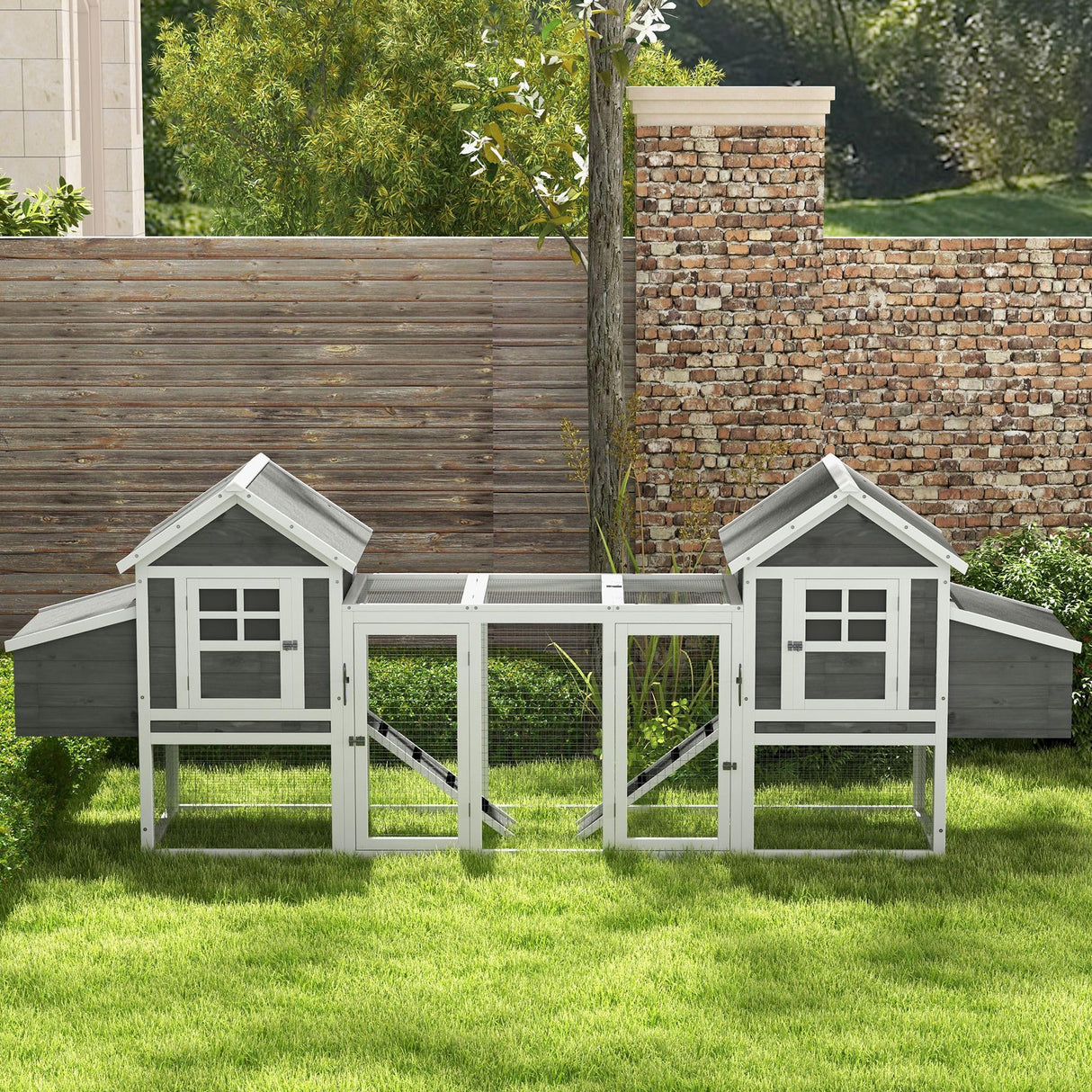 PawHut Dual Wooden Chicken Coop with Garden Bed, Large Outdoor Hen House with Nesting Boxes Removable Trays, Ramps Run, for Garden Backyard, 123" x 27.5" x 42.5", Dark Gray PawHut