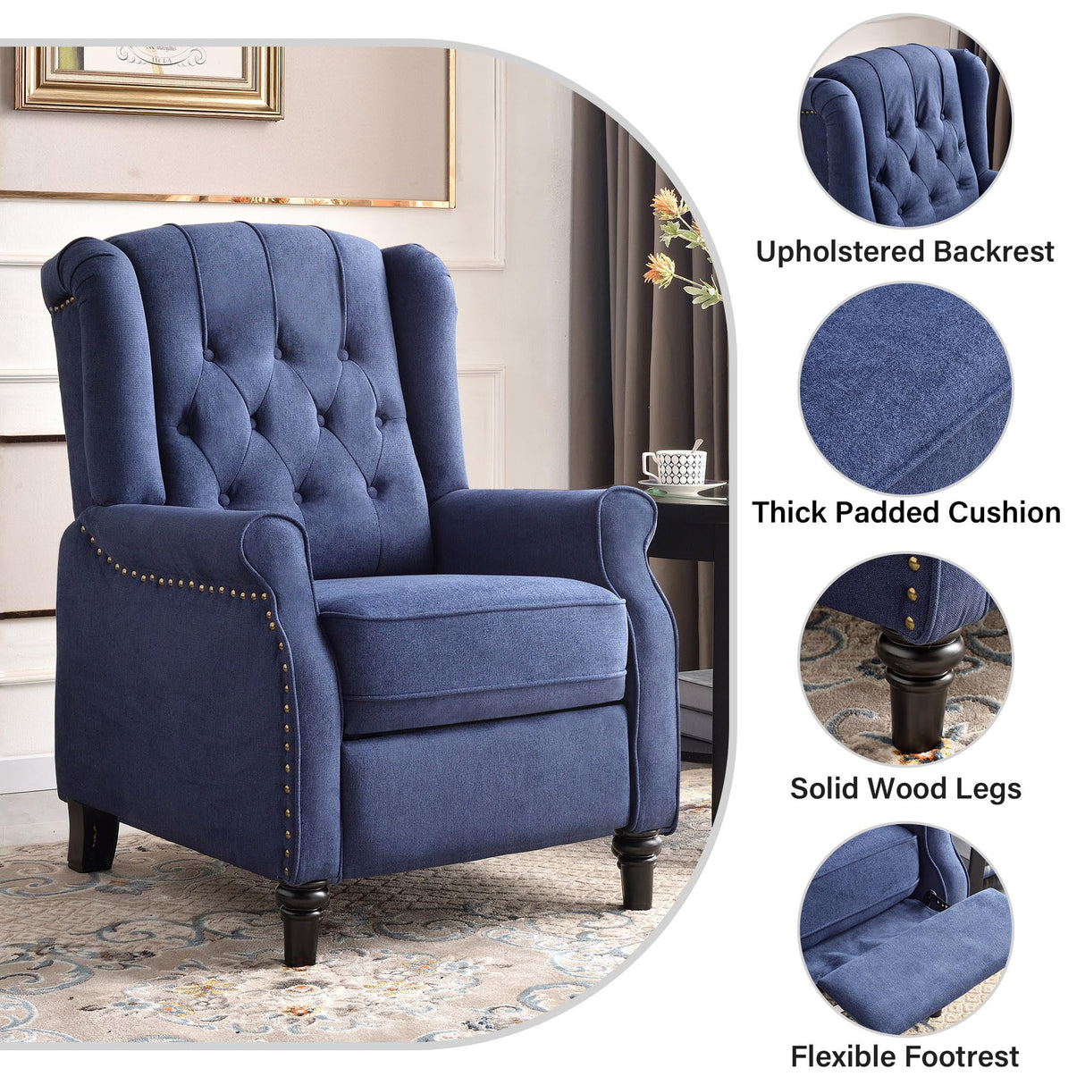 Wingback Pushback Recliner Chair, High Back Upholstered Armchair with Solid Wood Legs, Rivet Decoration, Blue Bonzy Home